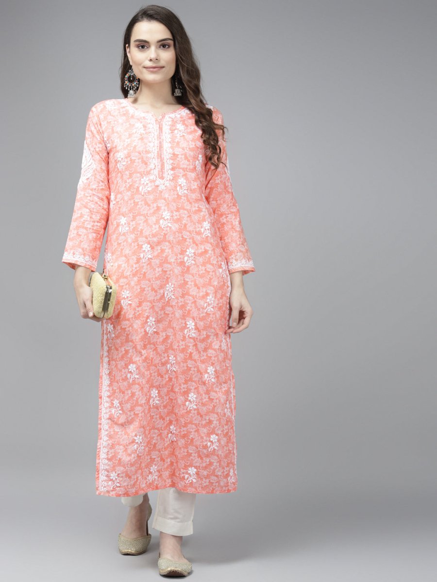 ADA Women Peach-Coloured & White Ethnic Motifs Chikankari Cotton Handloom Kurta - Distacart