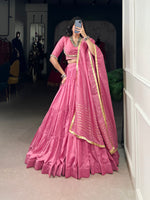 Thumbnail for Lorenvalley Pink Pure Chanderi Plain Lehenga Choli Cowrie (Kodi) Lace Touch Up with Dupatta - Distacart