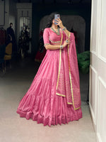 Thumbnail for Lorenvalley Pink Pure Chanderi Plain Lehenga Choli Cowrie (Kodi) Lace Touch Up with Dupatta - Distacart