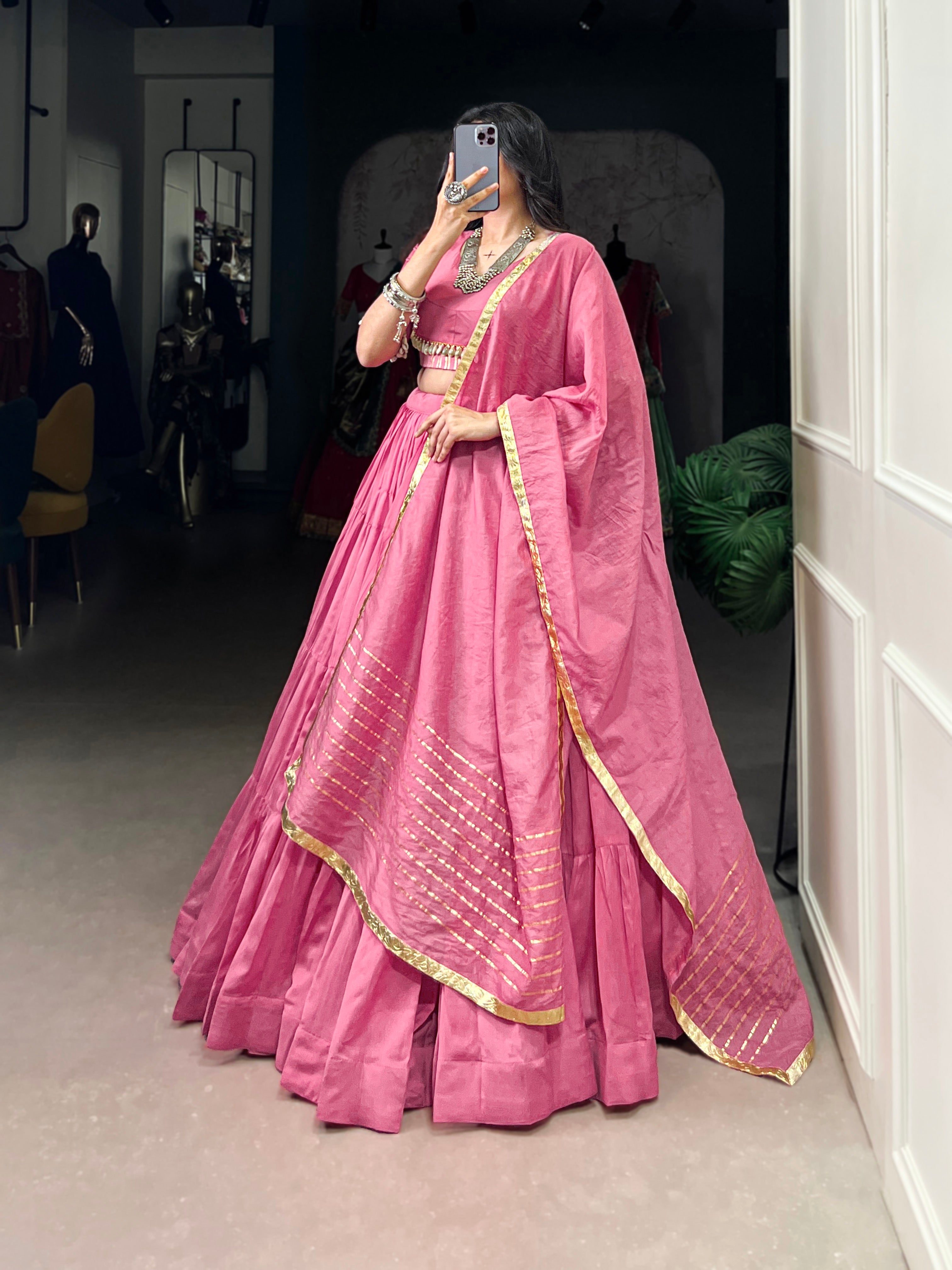 Lorenvalley Pink Pure Chanderi Plain Lehenga Choli Cowrie (Kodi) Lace Touch Up with Dupatta - Distacart
