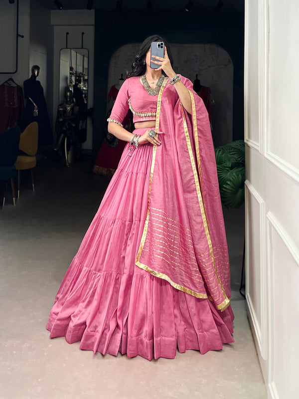 Lorenvalley Pink Pure Chanderi Plain Lehenga Choli Cowrie (Kodi) Lace Touch Up with Dupatta - Distacart