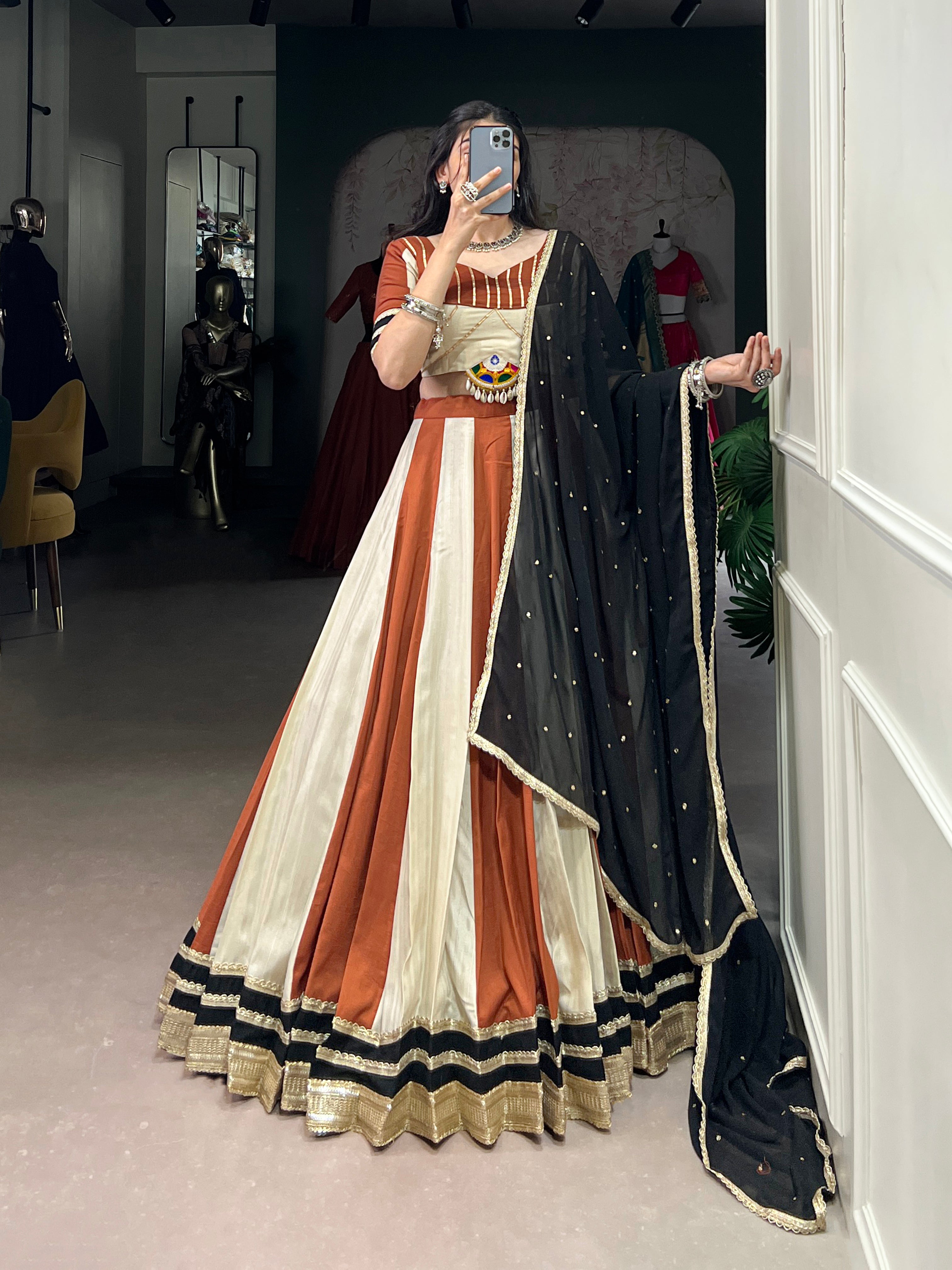 Lorenvalley Cream Chinon Sequins Lace Touch Up Lehenga Choli with Dupatta