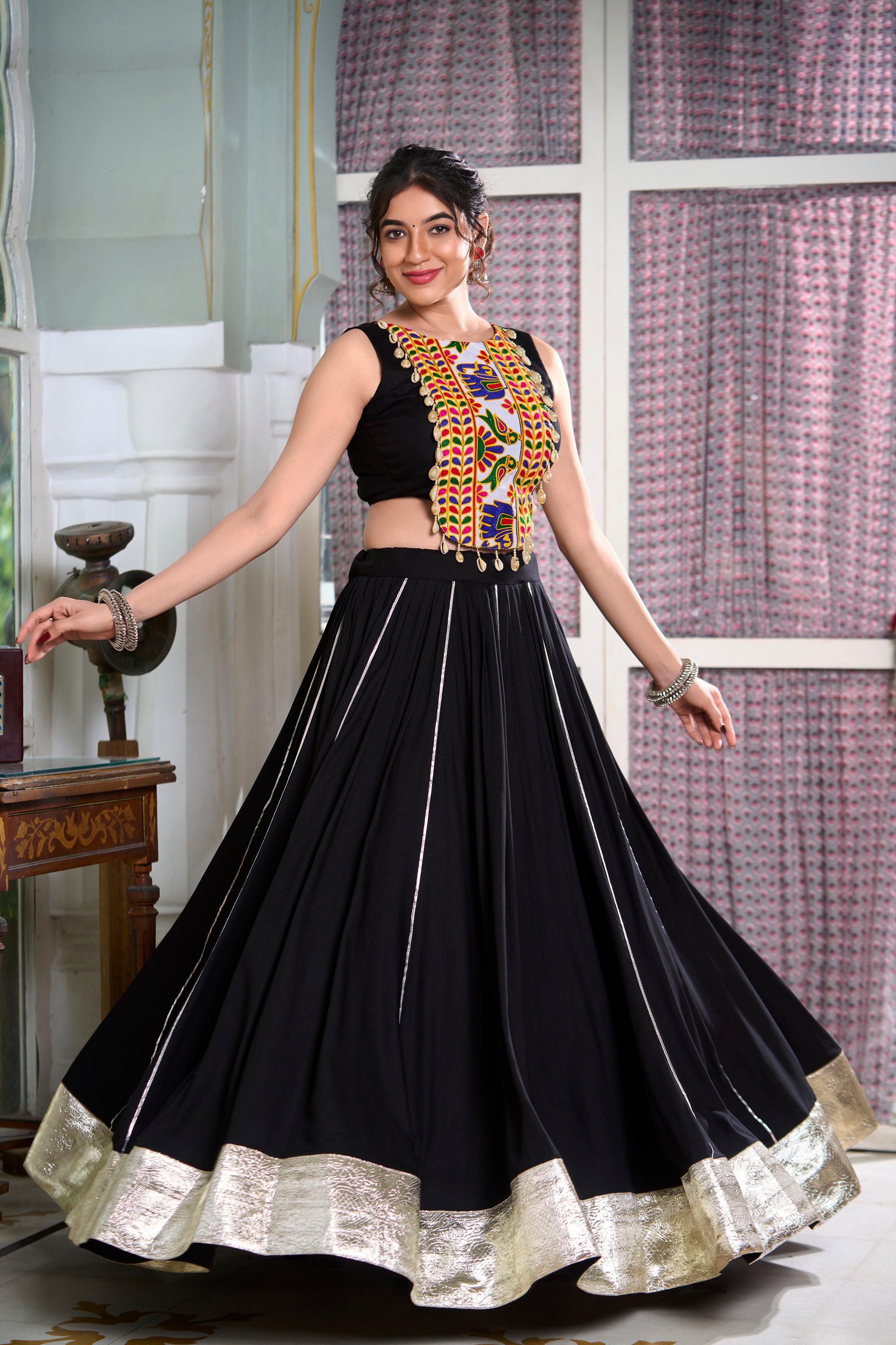 Lorenvalley Black Rayon Plain And Lace Border With Gotta Patti Touch Up Lehenga Choli