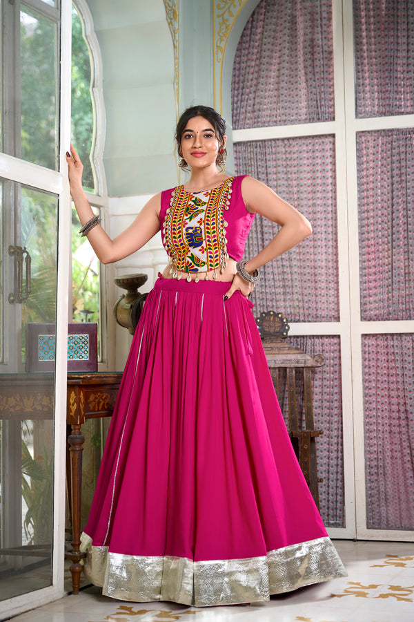 Lorenvalley Pink Rayon Plain And Lace Border With Gotta Patti Touch Up Lehenga Choli