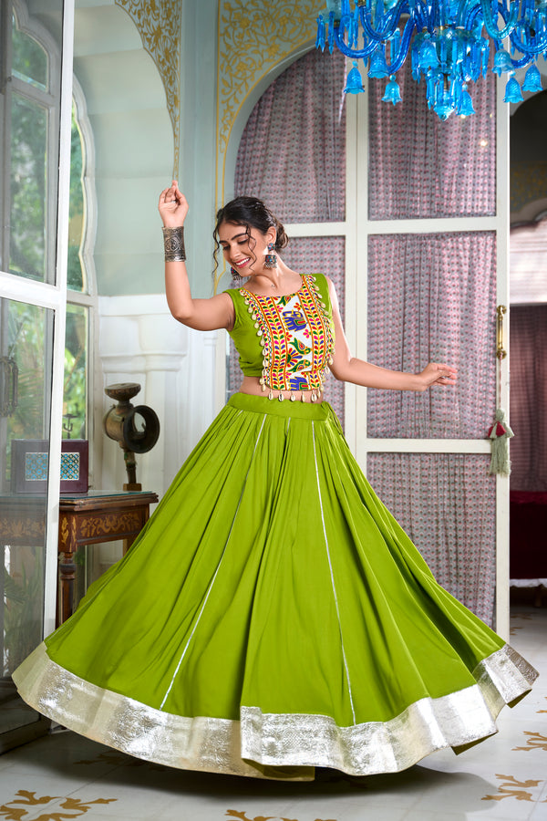 Lorenvalley Parotgreen Rayon Plain And Lace Border With Gotta Patti Touch Up Lehenga Choli