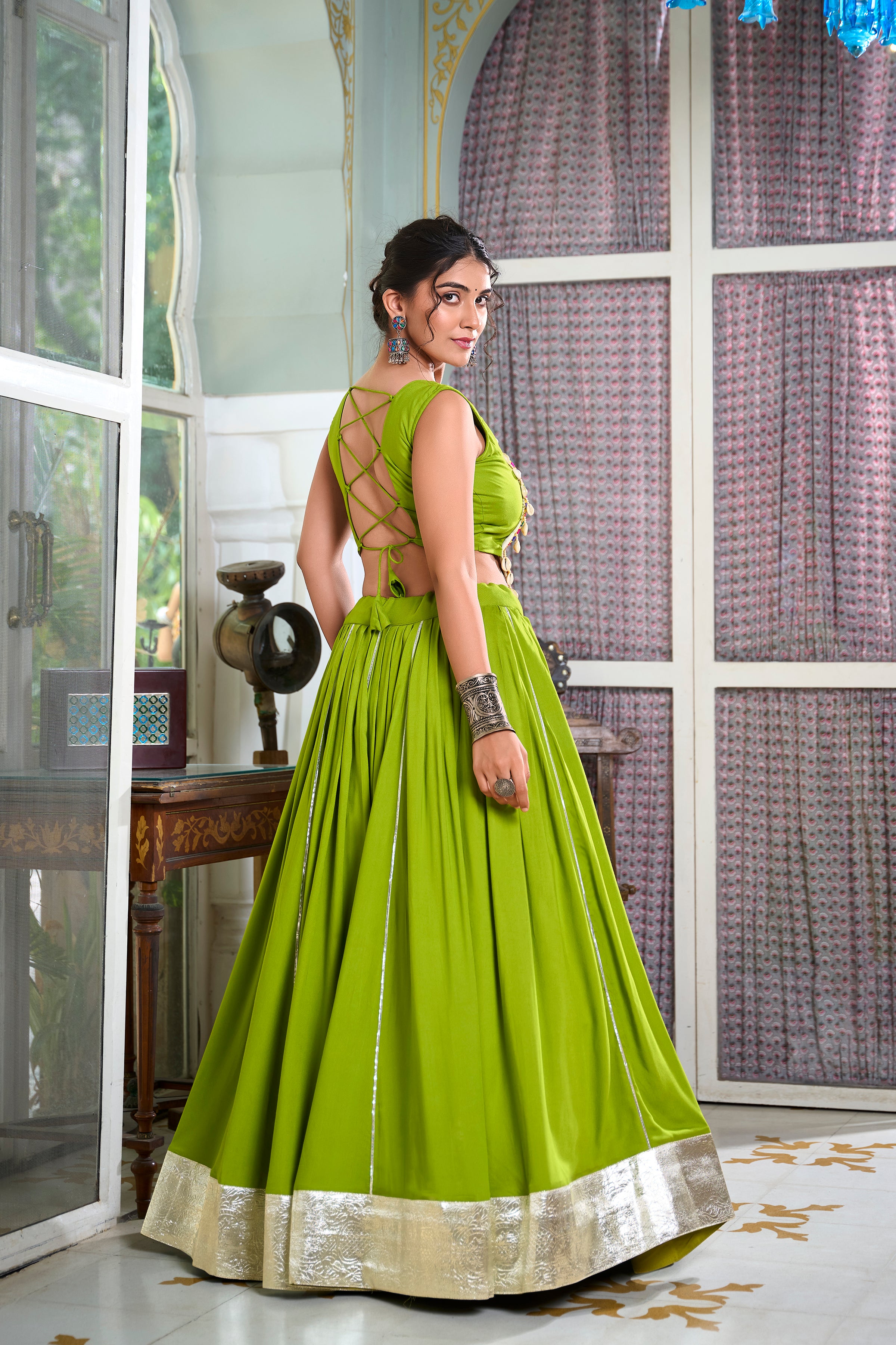 Lorenvalley Parotgreen Rayon Plain And Lace Border With Gotta Patti Touch Up Lehenga Choli