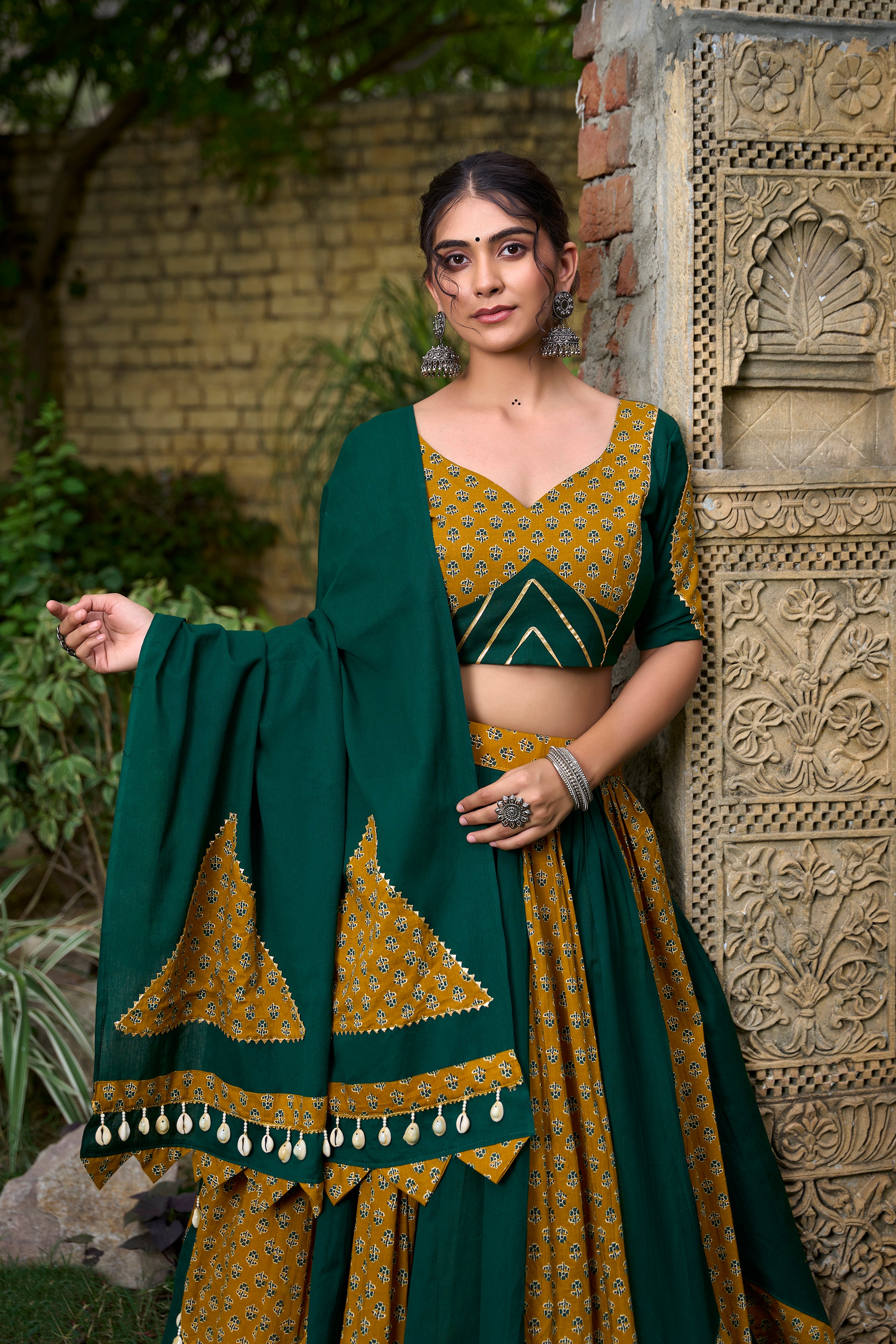 Lorenvalley Green Pure Cotton Plain And Printed With Cowrie (Kodi) Lace Touch Up Lehenga Choli with Dupatta - Distacart