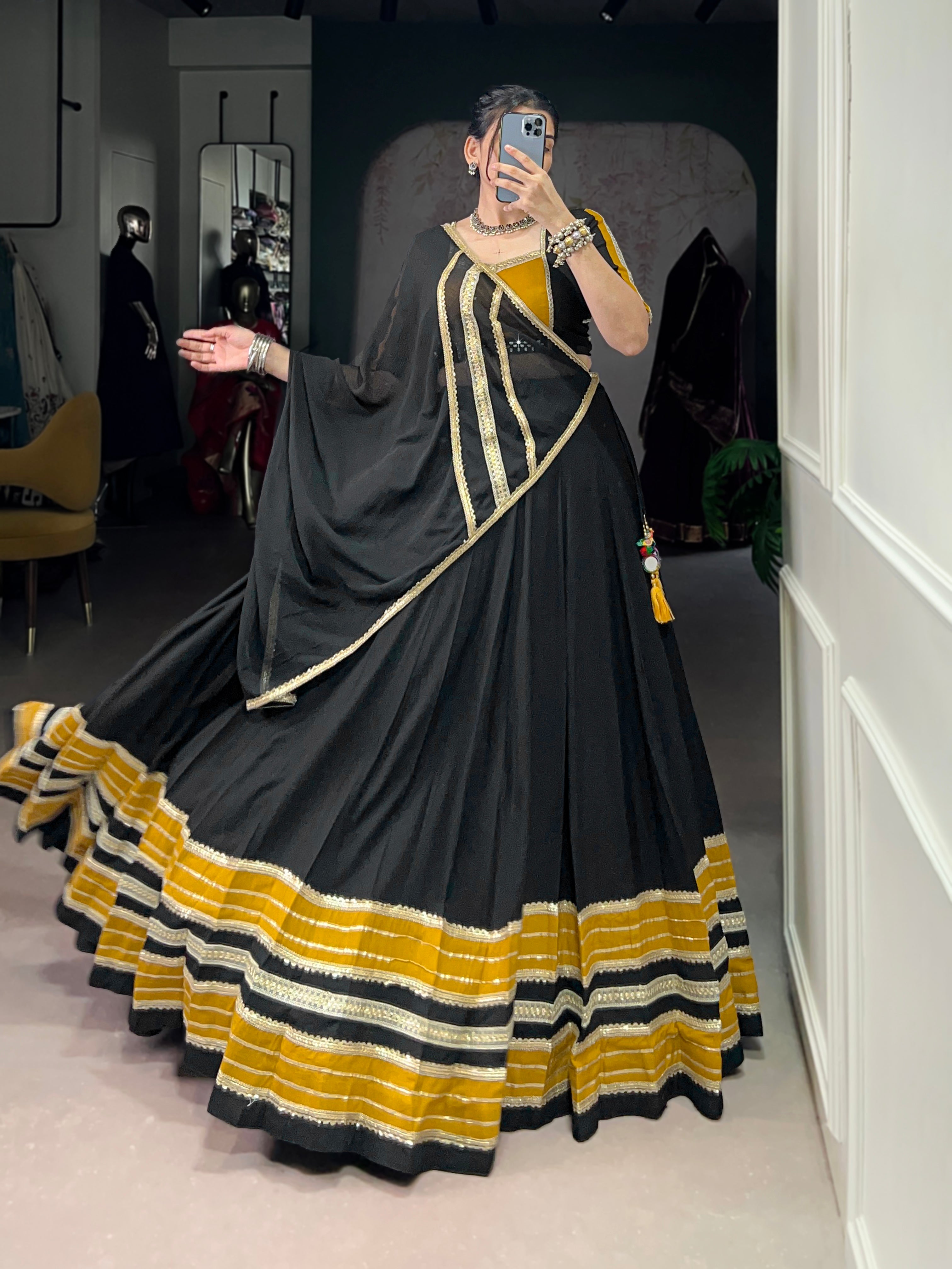 Lorenvalley Fashion Black Pure Rayon Sequins Lace With Gota Patti Lace Touch Up Lehenga Choli with Dupatta