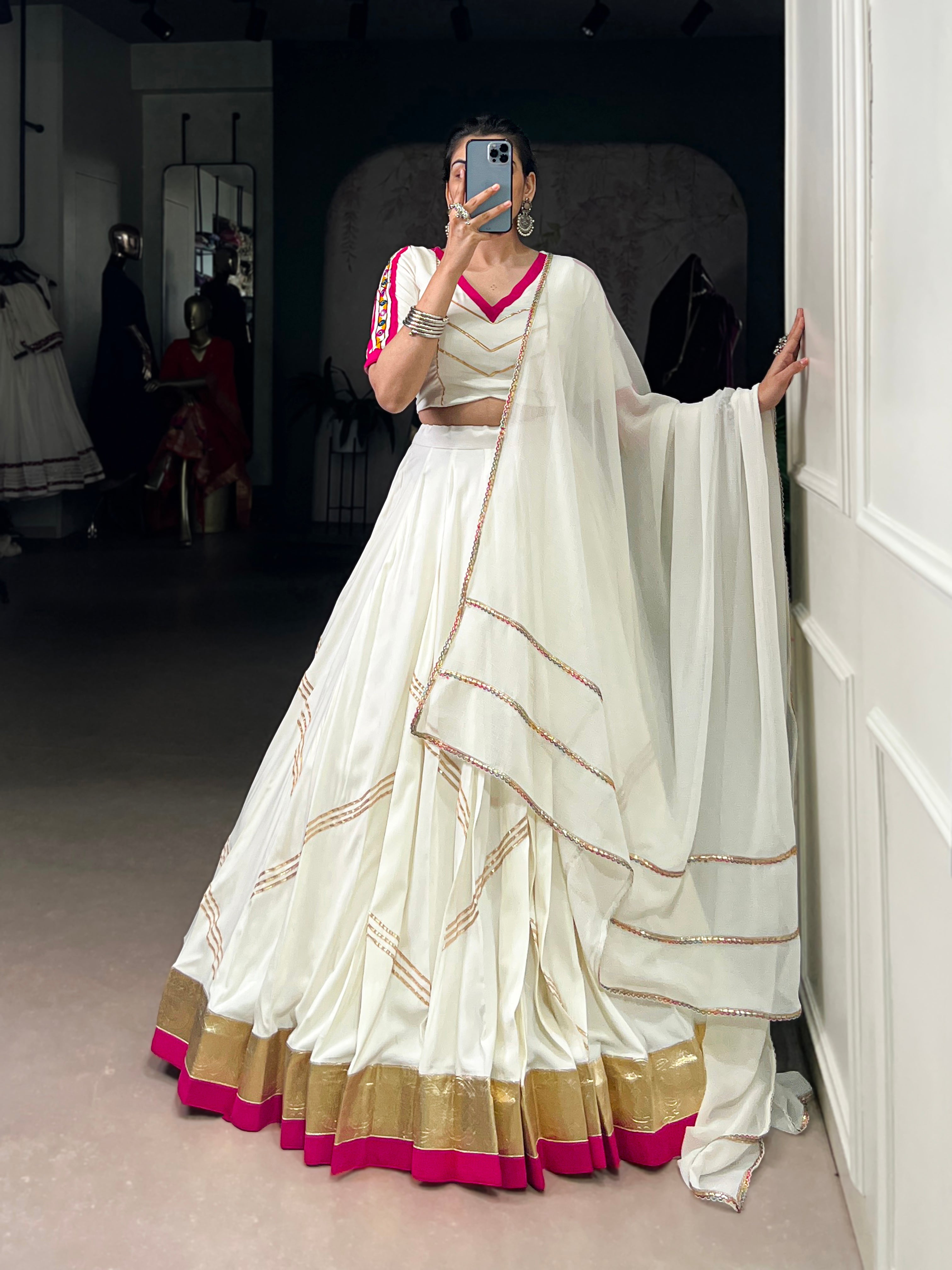 Lorenvalley Fashion White Pure Rayon Embossed Design With Gota Patti Lace Touch Up Lehenga Choli with Dupatta