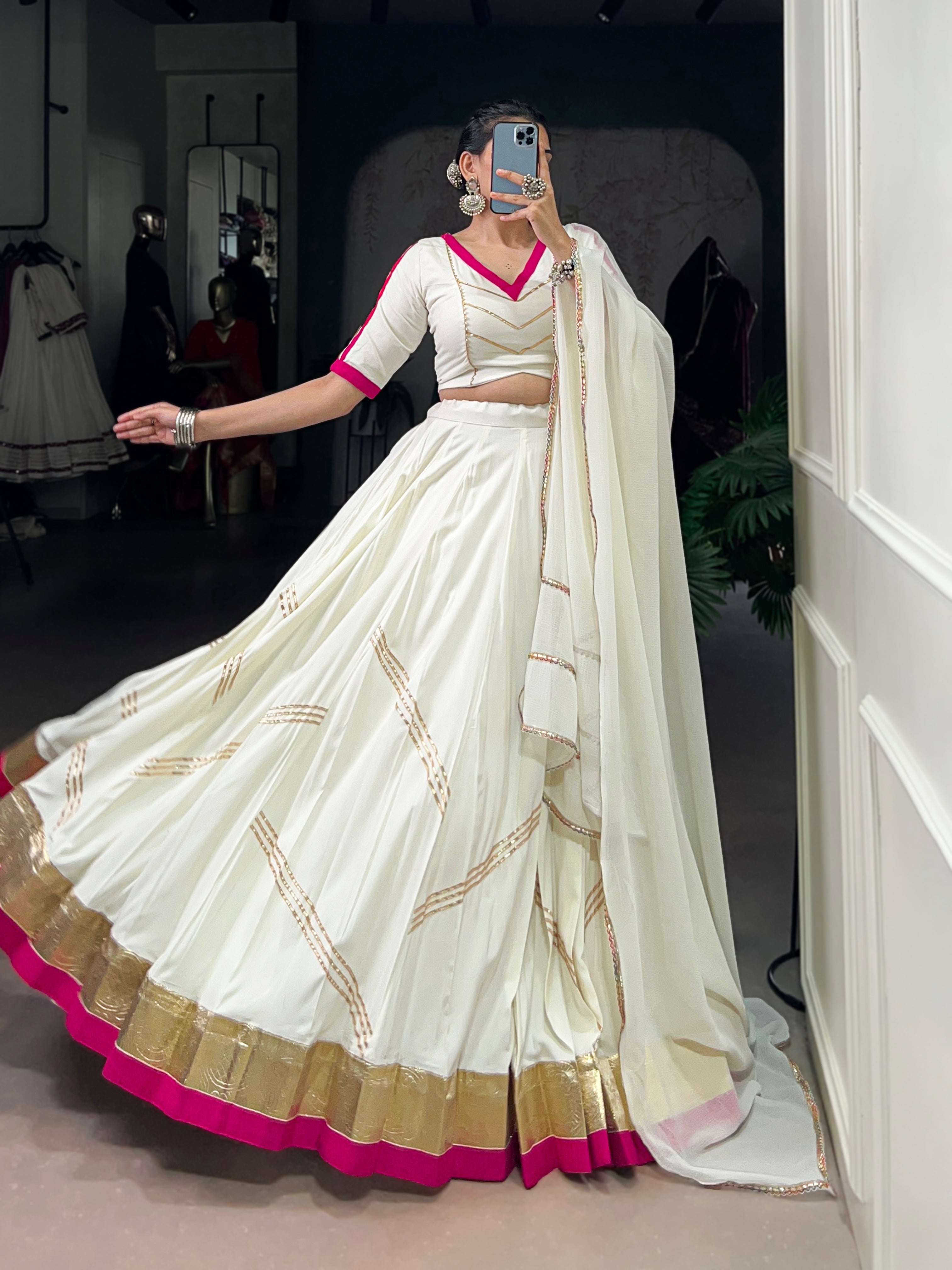 Lorenvalley Fashion White Pure Rayon Embossed Design With Gota Patti Lace Touch Up Lehenga Choli with Dupatta
