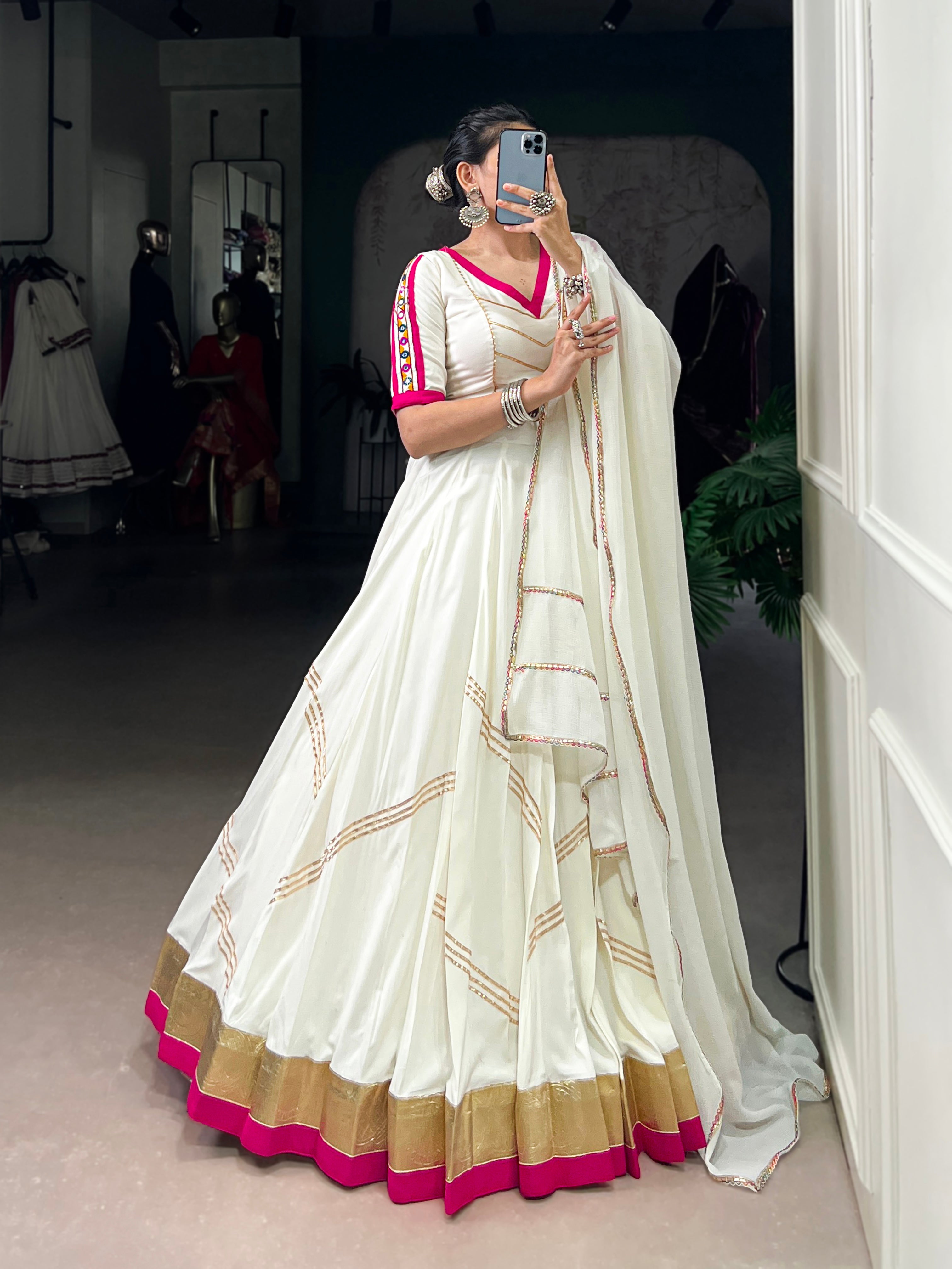 Lorenvalley Fashion White Pure Rayon Embossed Design With Gota Patti Lace Touch Up Lehenga Choli with Dupatta