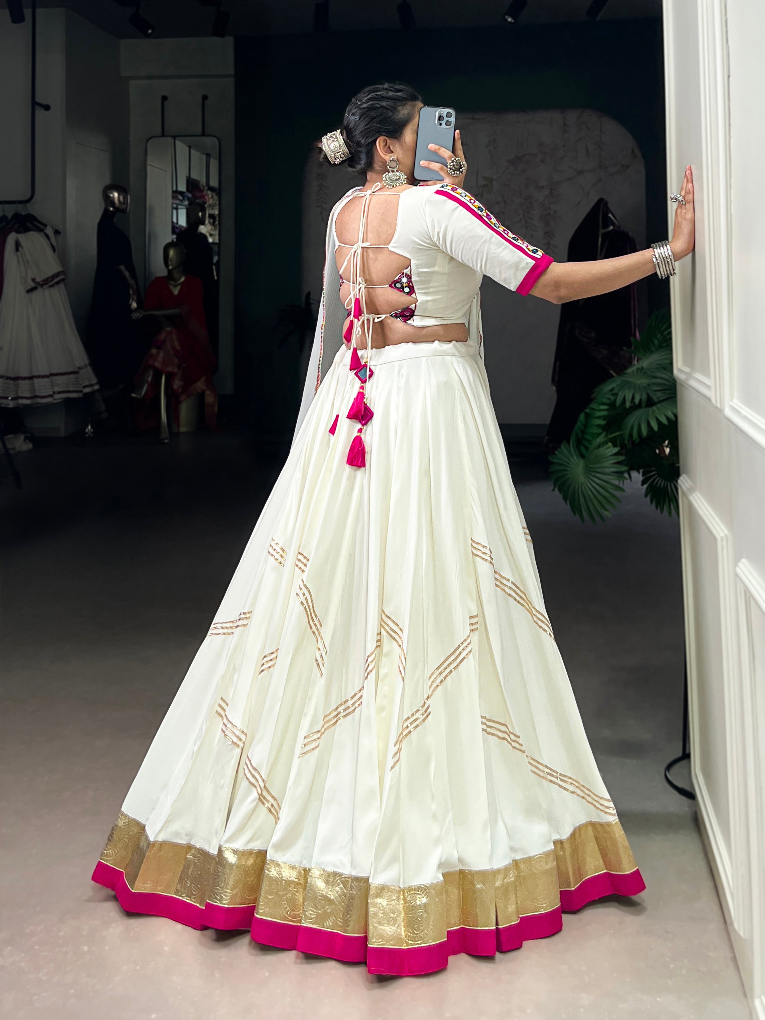 Lorenvalley Fashion White Pure Rayon Embossed Design With Gota Patti Lace Touch Up Lehenga Choli with Dupatta