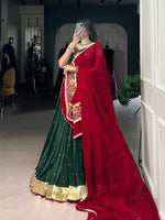 Thumbnail for Lorenvalley Green Chiffon Sequins And Thread Embroidery Work With Embossed Design Lace Touch Up Lehenga Choli with Dupatta