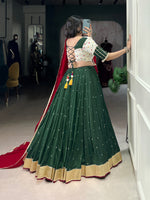 Thumbnail for Lorenvalley Green Chiffon Sequins And Thread Embroidery Work With Embossed Design Lace Touch Up Lehenga Choli with Dupatta