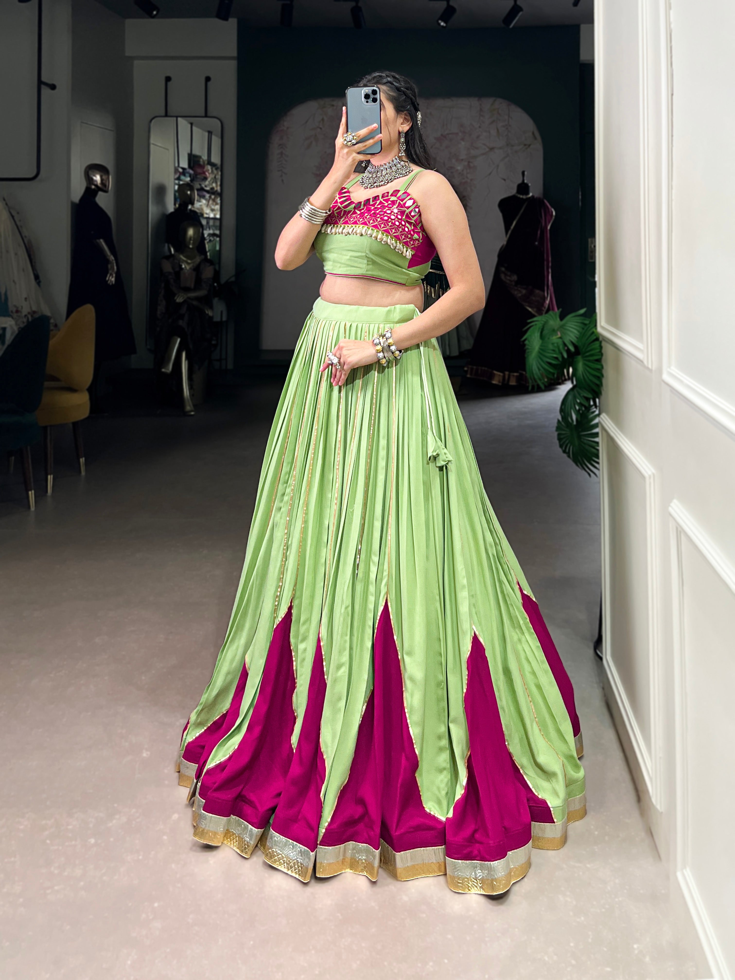 Lorenvalley Fashion Parrot Pure Rayon Embossed Design With Gotta Patti Lace Touch Up Lehenga Choli