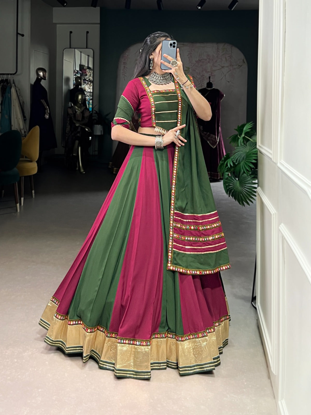 Lorenvalley Pure Rayon Embossed Design Lace With Gotta Patti And Peper Mirror Work Lace Touch Up Lehenga Choli with Dupatta