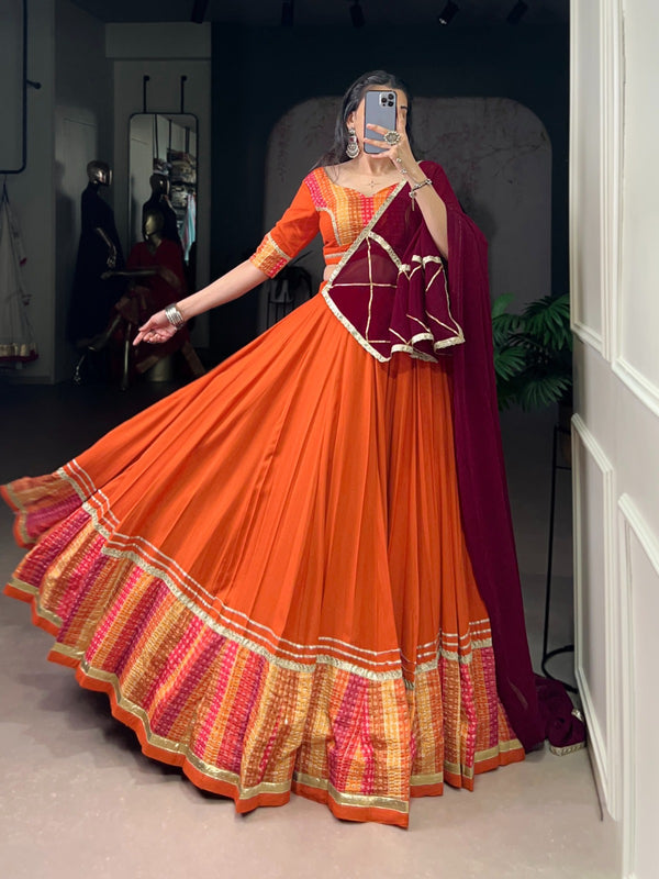 Lorenvalley Fashion Orange Pure Rayon Bandhej Print with Sequins Lace Boarder Lehenga Choli with Dupatta