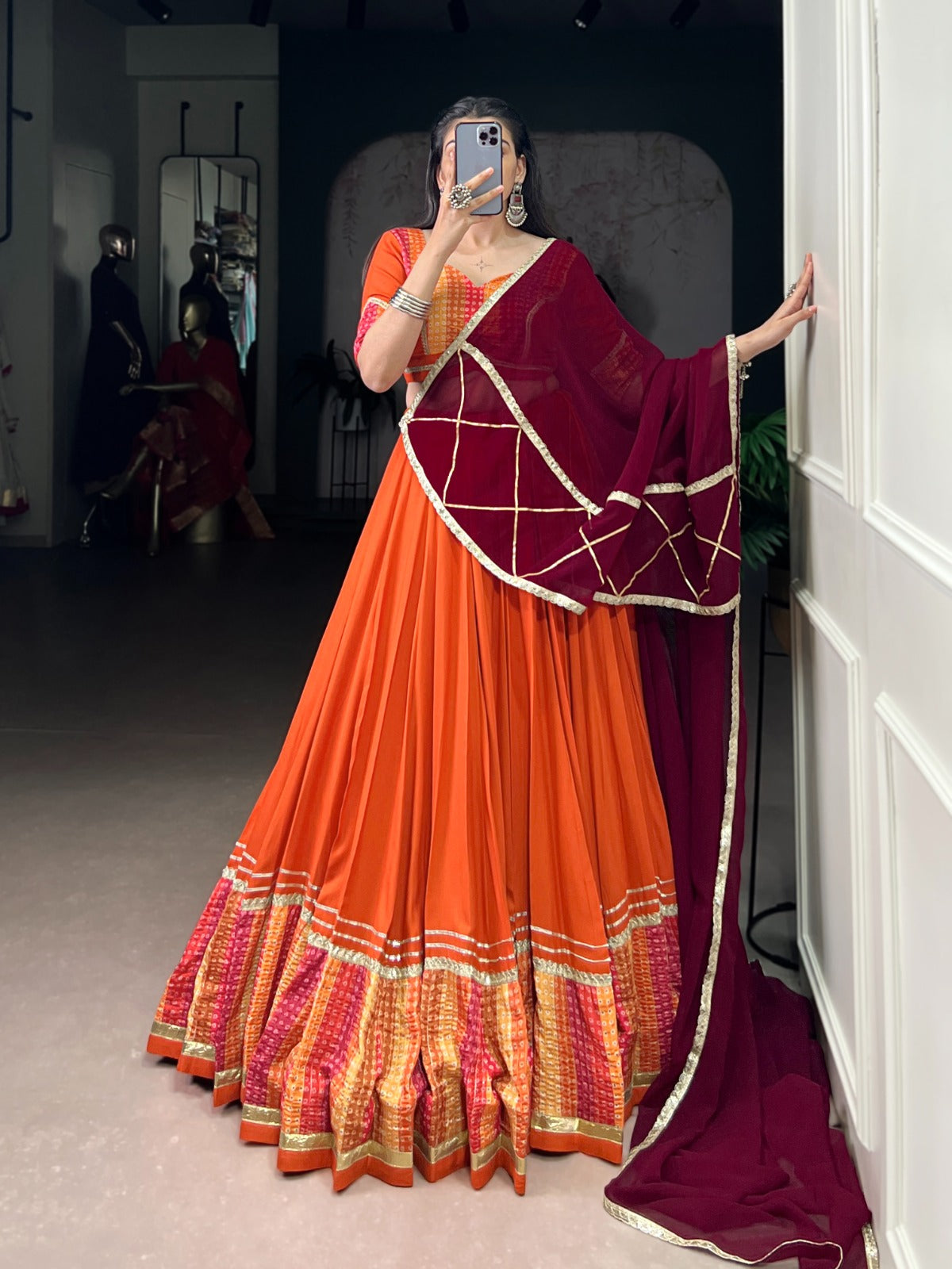 Lorenvalley Fashion Orange Pure Rayon Bandhej Print with Sequins Lace Boarder Lehenga Choli with Dupatta