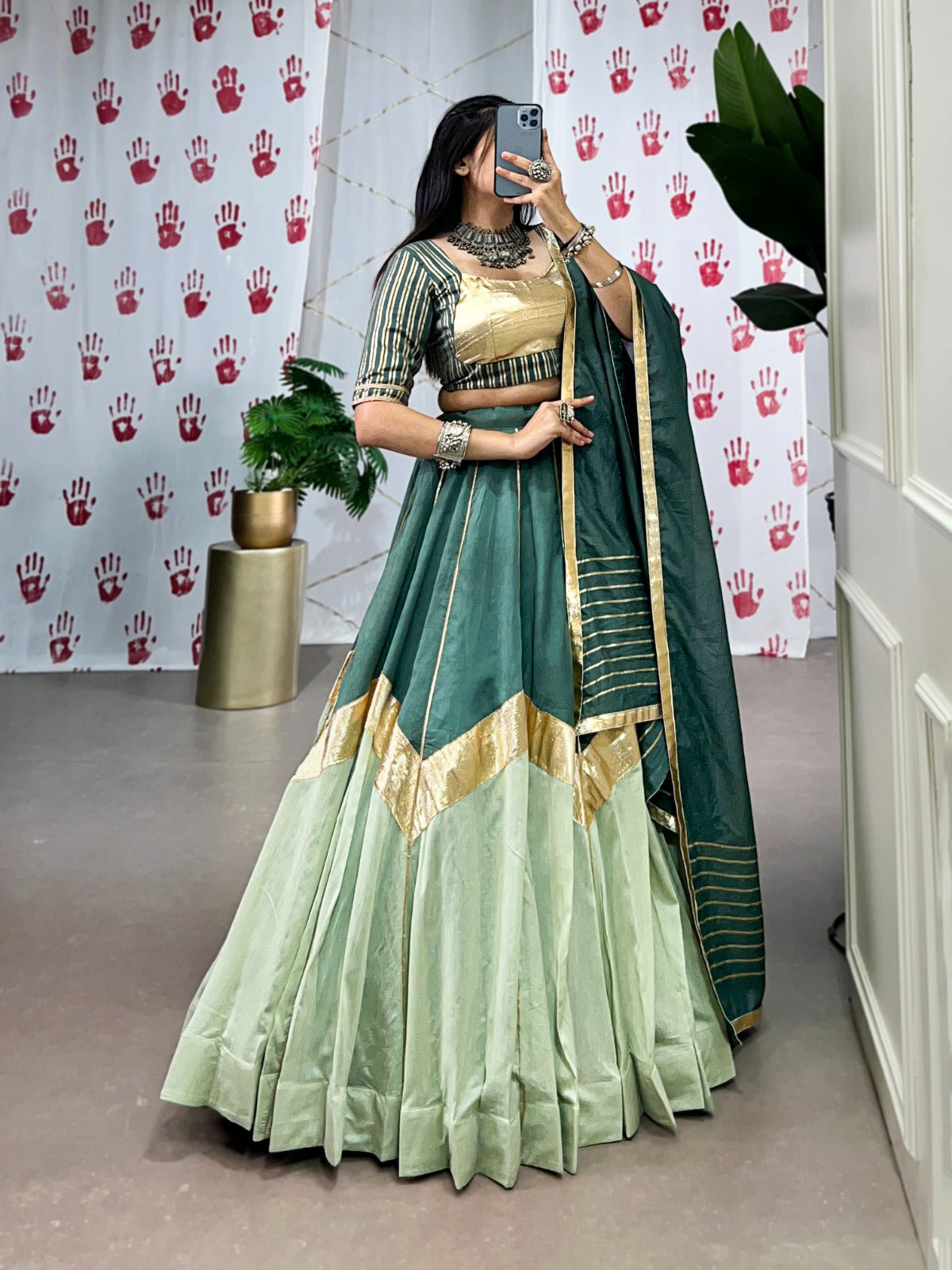 Lorenvalley Seagreen Pure Chanderi Embossed Design And Gotta Patti Lace Touch Up Lehenga Choli with Dupatta