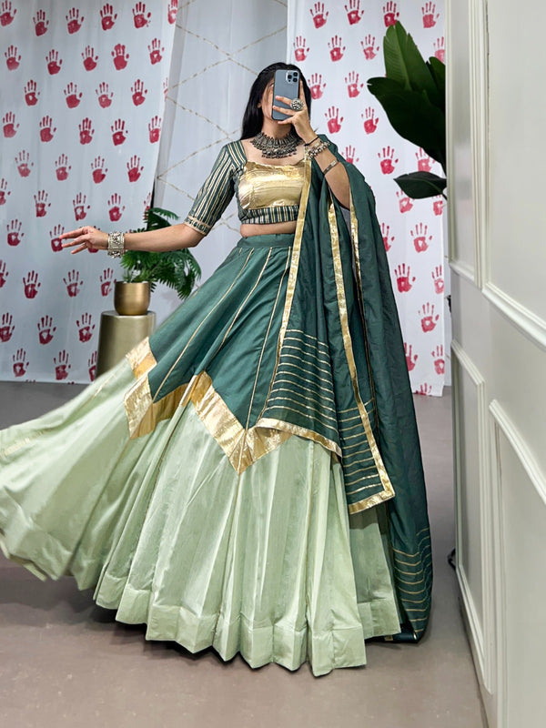 Lorenvalley Seagreen Pure Chanderi Embossed Design And Gotta Patti Lace Touch Up Lehenga Choli with Dupatta