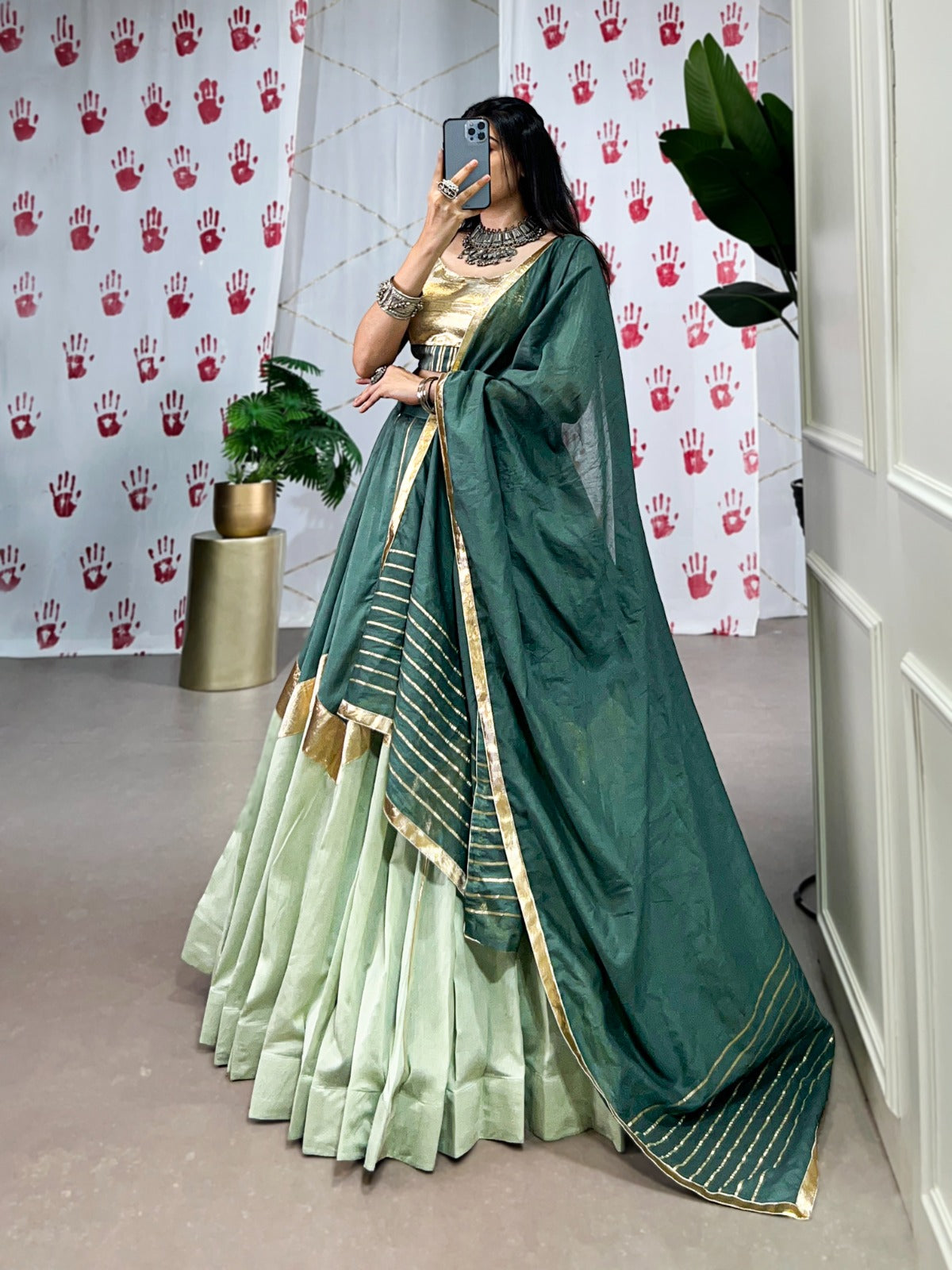 Lorenvalley Seagreen Pure Chanderi Embossed Design And Gotta Patti Lace Touch Up Lehenga Choli with Dupatta