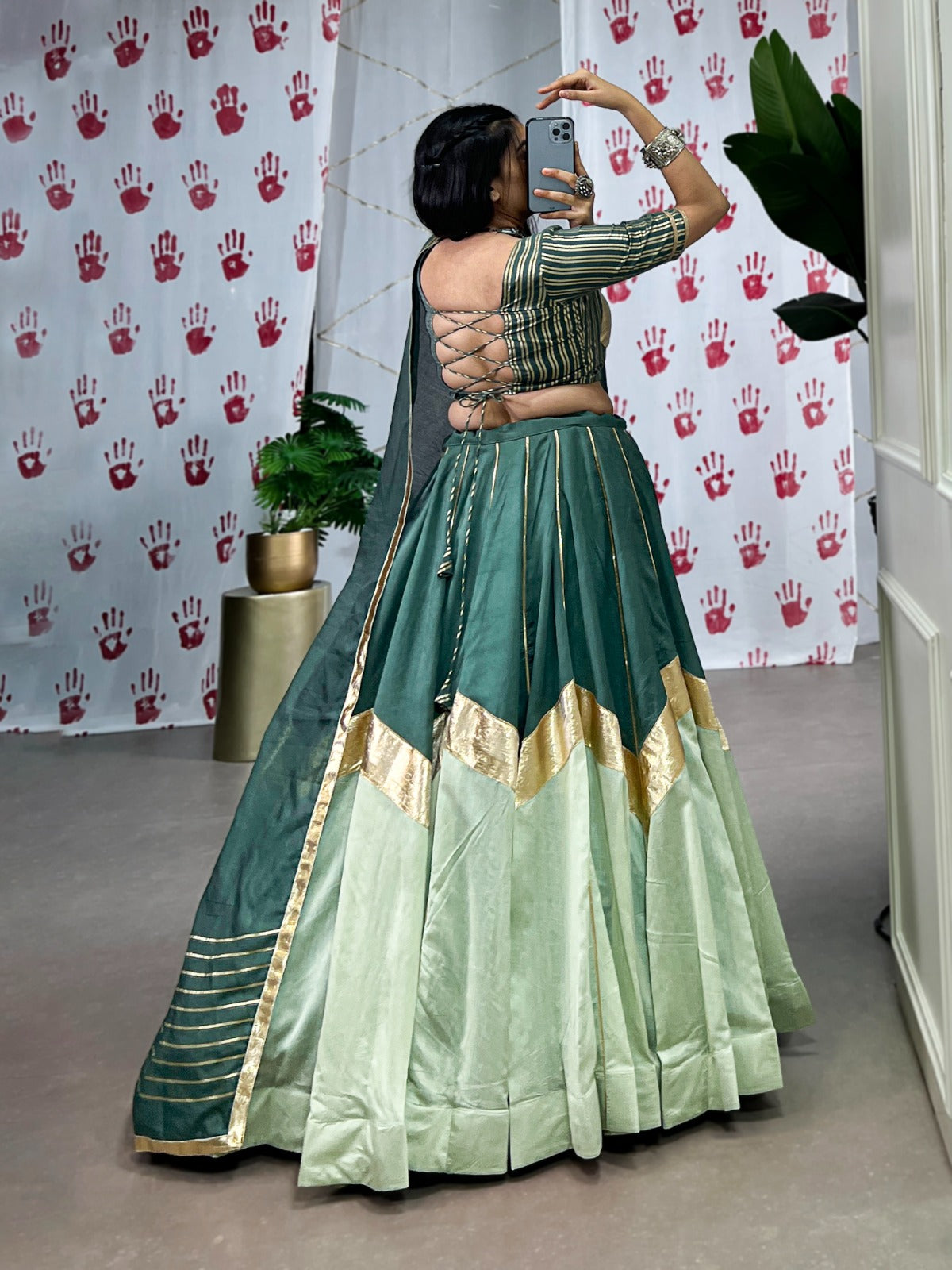 Lorenvalley Seagreen Pure Chanderi Embossed Design And Gotta Patti Lace Touch Up Lehenga Choli with Dupatta