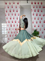 Thumbnail for Lorenvalley Seagreen Pure Chanderi Embossed Design And Gotta Patti Lace Touch Up Lehenga Choli with Dupatta