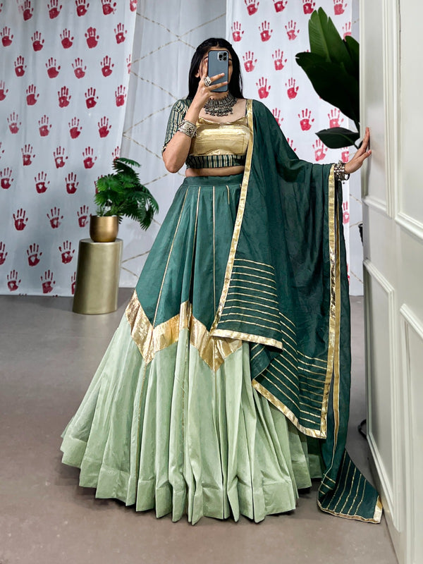 Lorenvalley Seagreen Pure Chanderi Embossed Design And Gotta Patti Lace Touch Up Lehenga Choli with Dupatta