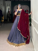 Thumbnail for Lorenvalley Darkgrey Pure Rayon Embossed Design With Gotta Patti Lace Touch Up Lehenga Choli with Dupatta