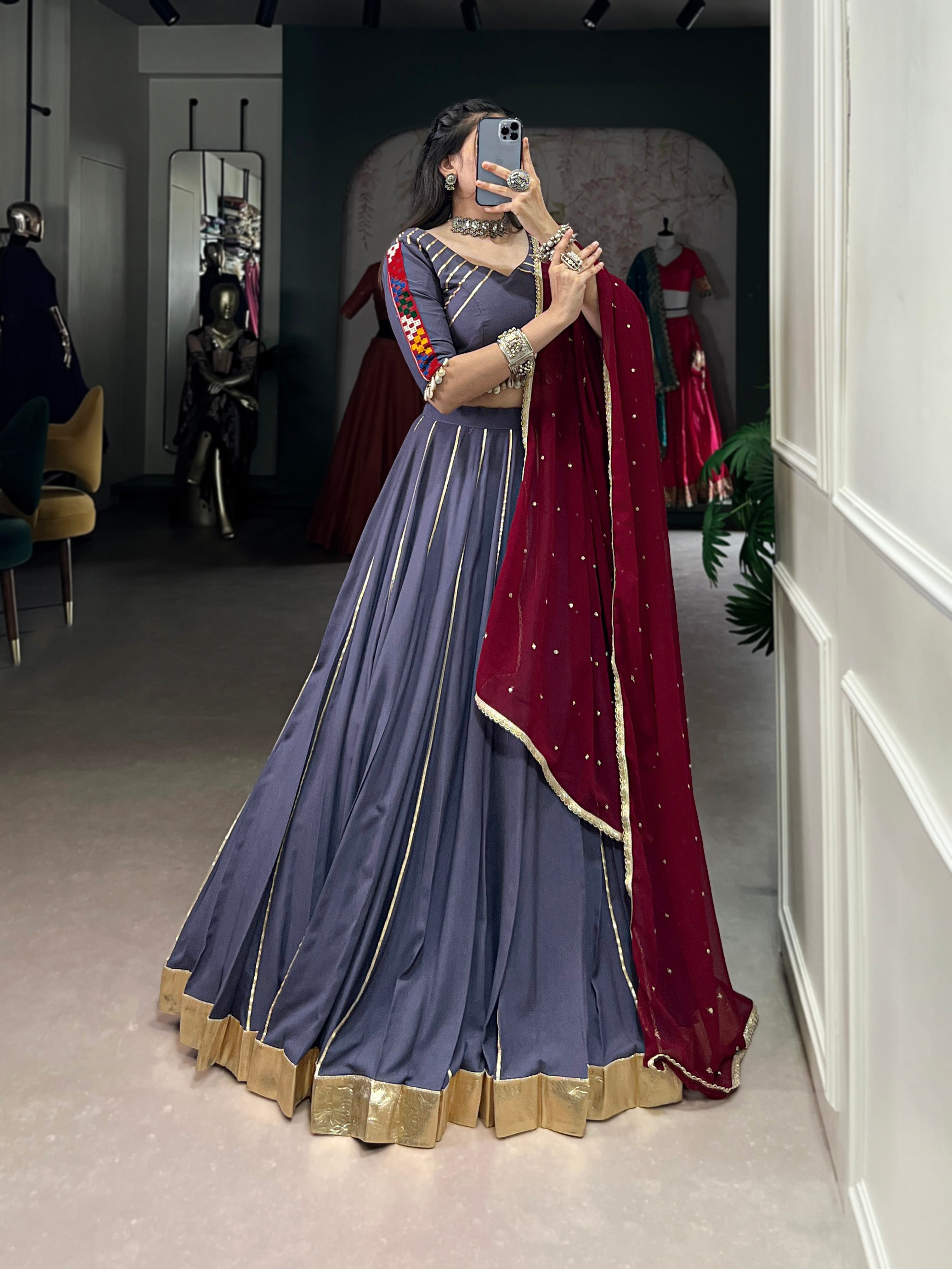 Lorenvalley Darkgrey Pure Rayon Embossed Design With Gotta Patti Lace Touch Up Lehenga Choli with Dupatta