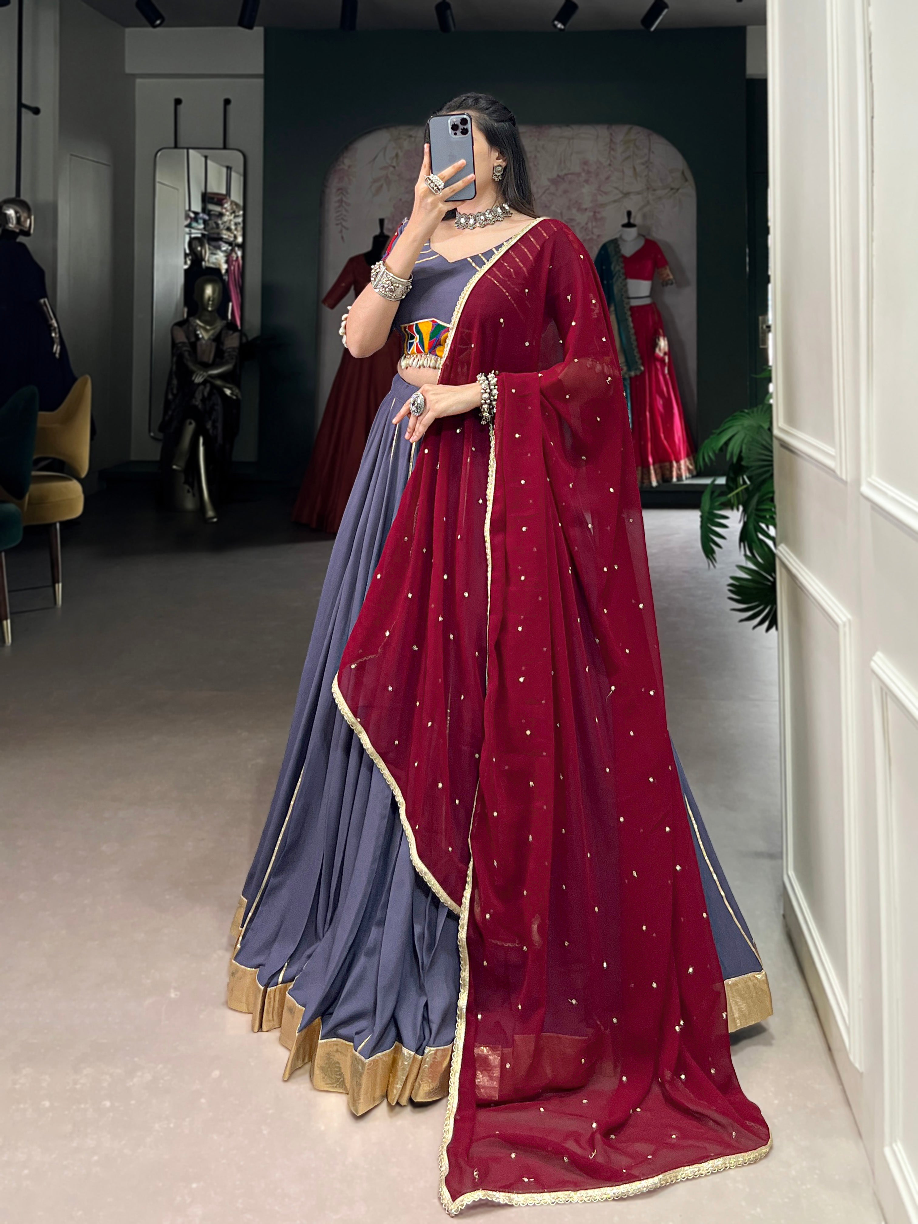 Lorenvalley Darkgrey Pure Rayon Embossed Design With Gotta Patti Lace Touch Up Lehenga Choli with Dupatta