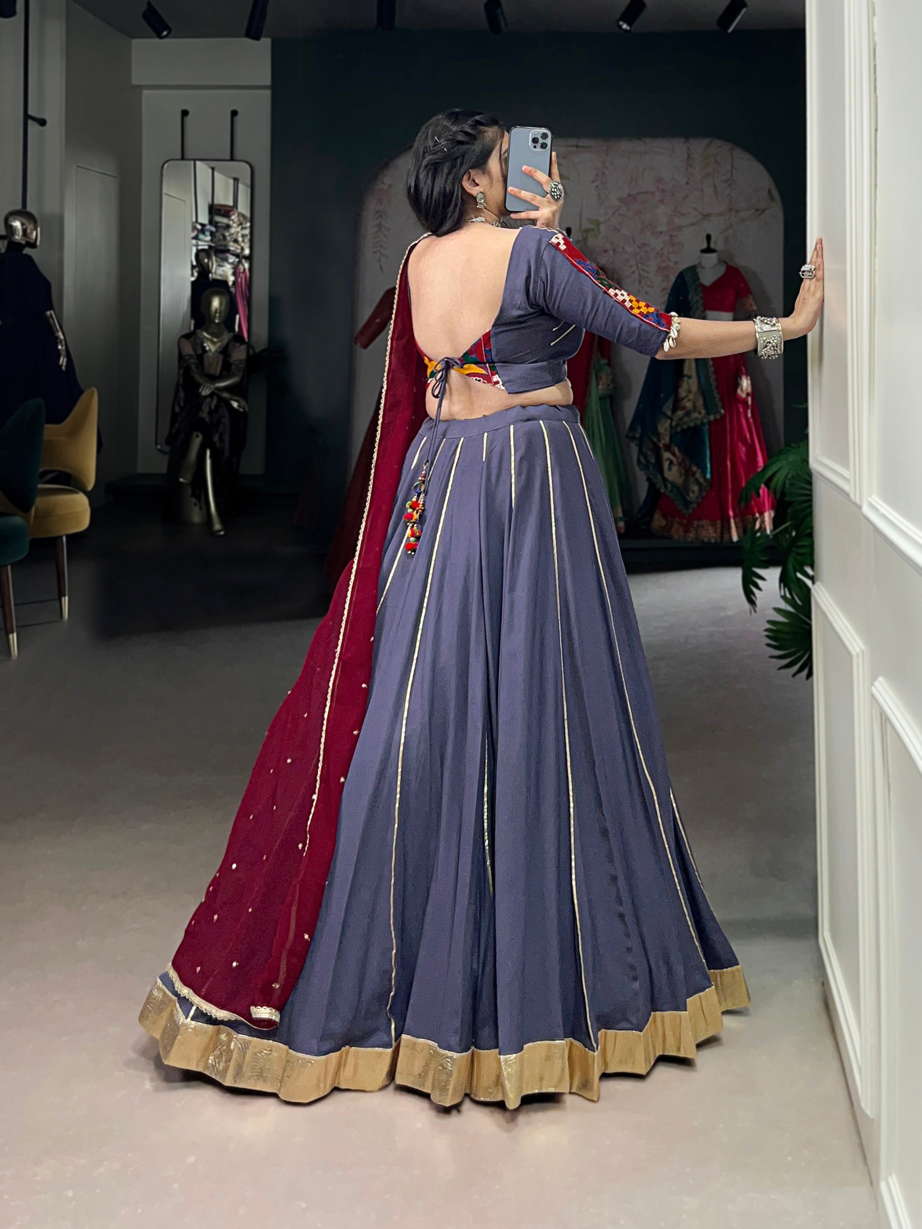 Lorenvalley Darkgrey Pure Rayon Embossed Design With Gotta Patti Lace Touch Up Lehenga Choli with Dupatta
