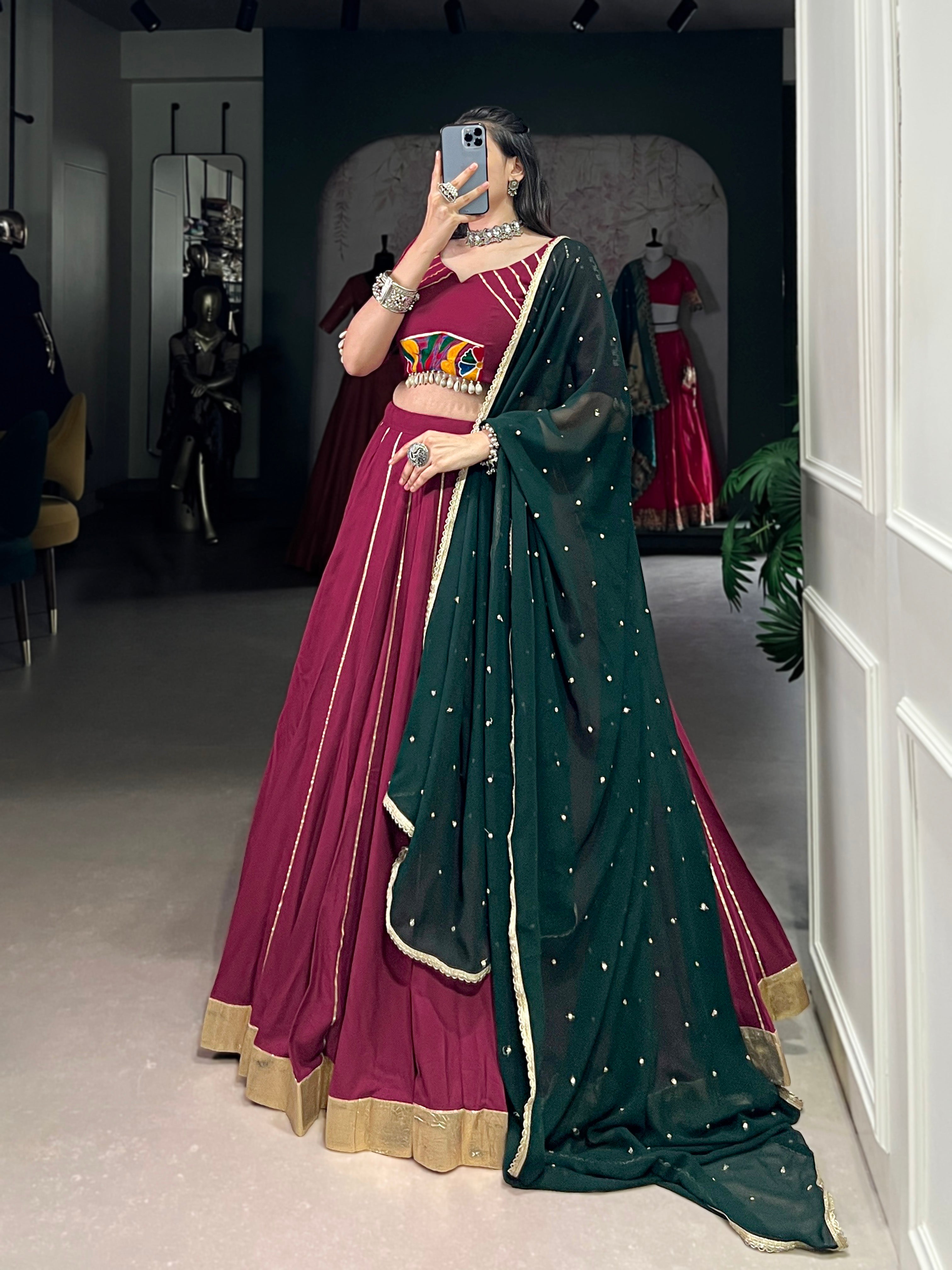 Lorenvalley Ranipink Pure Rayon Embossed Design With Gotta Patti Lace Touch Up Lehenga Choli with Dupatta