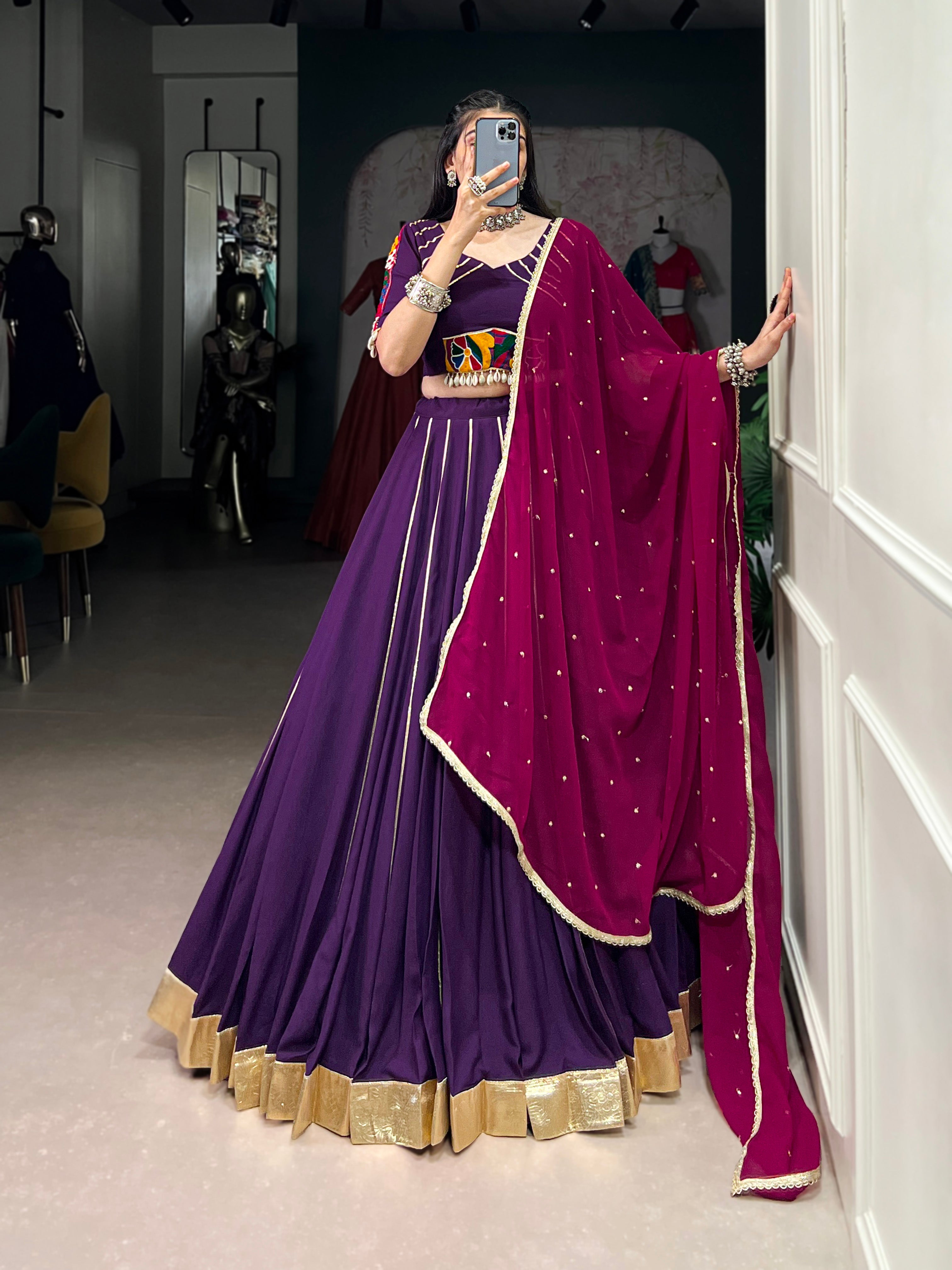 Lorenvalley Purple Pure Rayon Embossed Design With Gotta Patti Lace Touch Up Lehenga Choli with Dupatta