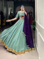 Thumbnail for Lorenvalley Seagreen Pure Rayon Embossed Design With Gotta Patti Lace Touch Up Lehenga Choli with Dupatta