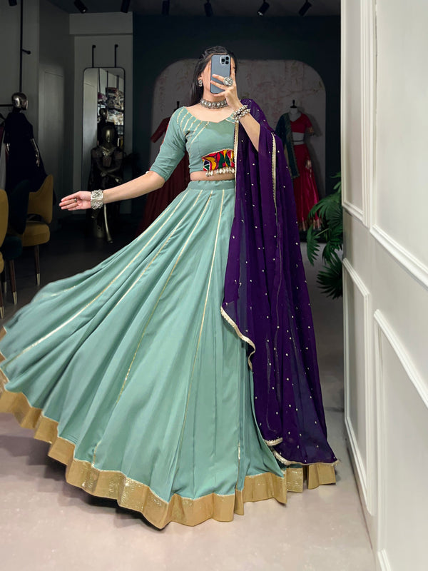 Lorenvalley Seagreen Pure Rayon Embossed Design With Gotta Patti Lace Touch Up Lehenga Choli with Dupatta