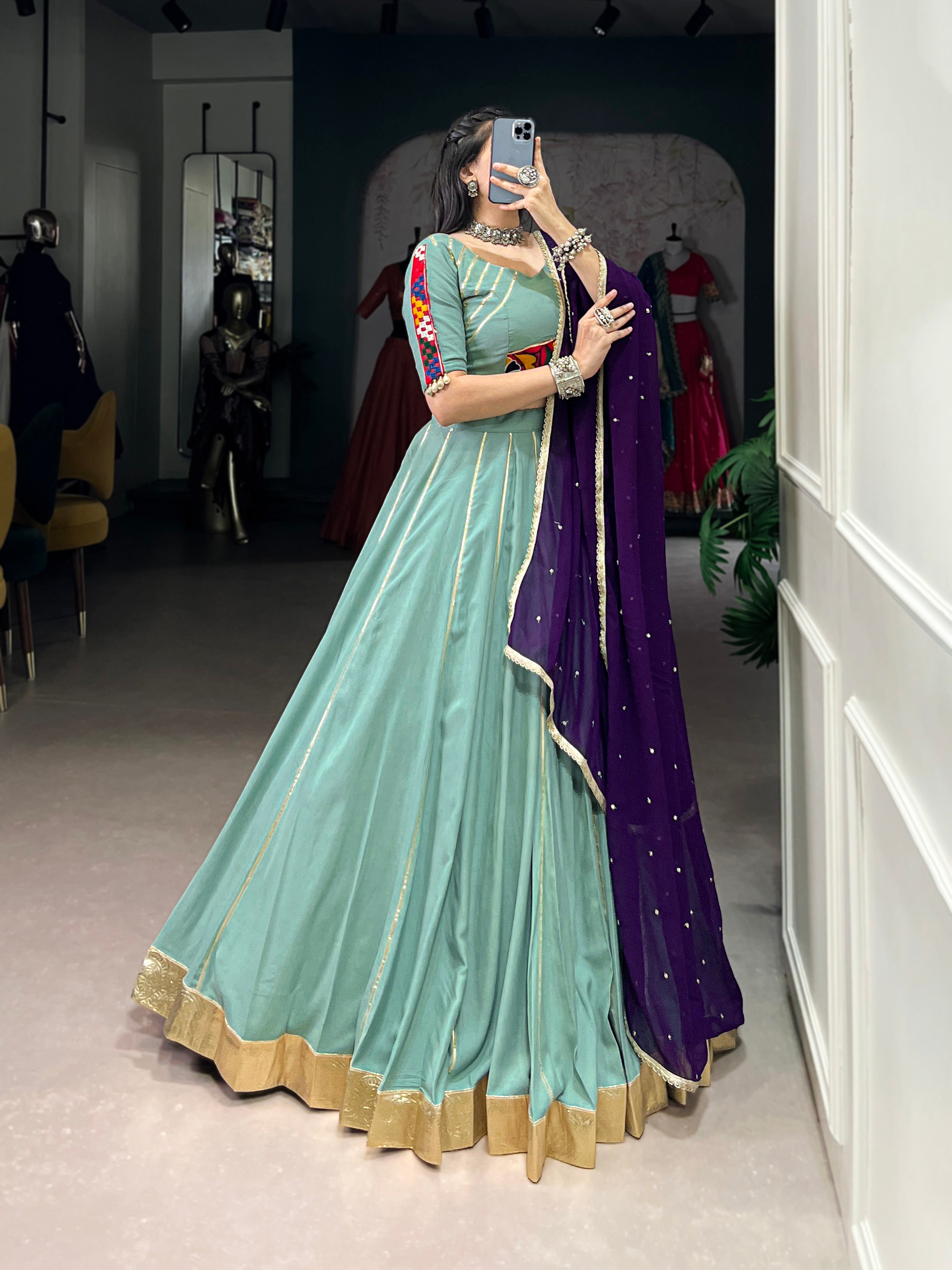Lorenvalley Seagreen Pure Rayon Embossed Design With Gotta Patti Lace Touch Up Lehenga Choli with Dupatta