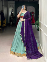 Thumbnail for Lorenvalley Seagreen Pure Rayon Embossed Design With Gotta Patti Lace Touch Up Lehenga Choli with Dupatta