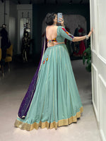 Thumbnail for Lorenvalley Seagreen Pure Rayon Embossed Design With Gotta Patti Lace Touch Up Lehenga Choli with Dupatta