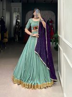 Thumbnail for Lorenvalley Seagreen Pure Rayon Embossed Design With Gotta Patti Lace Touch Up Lehenga Choli with Dupatta