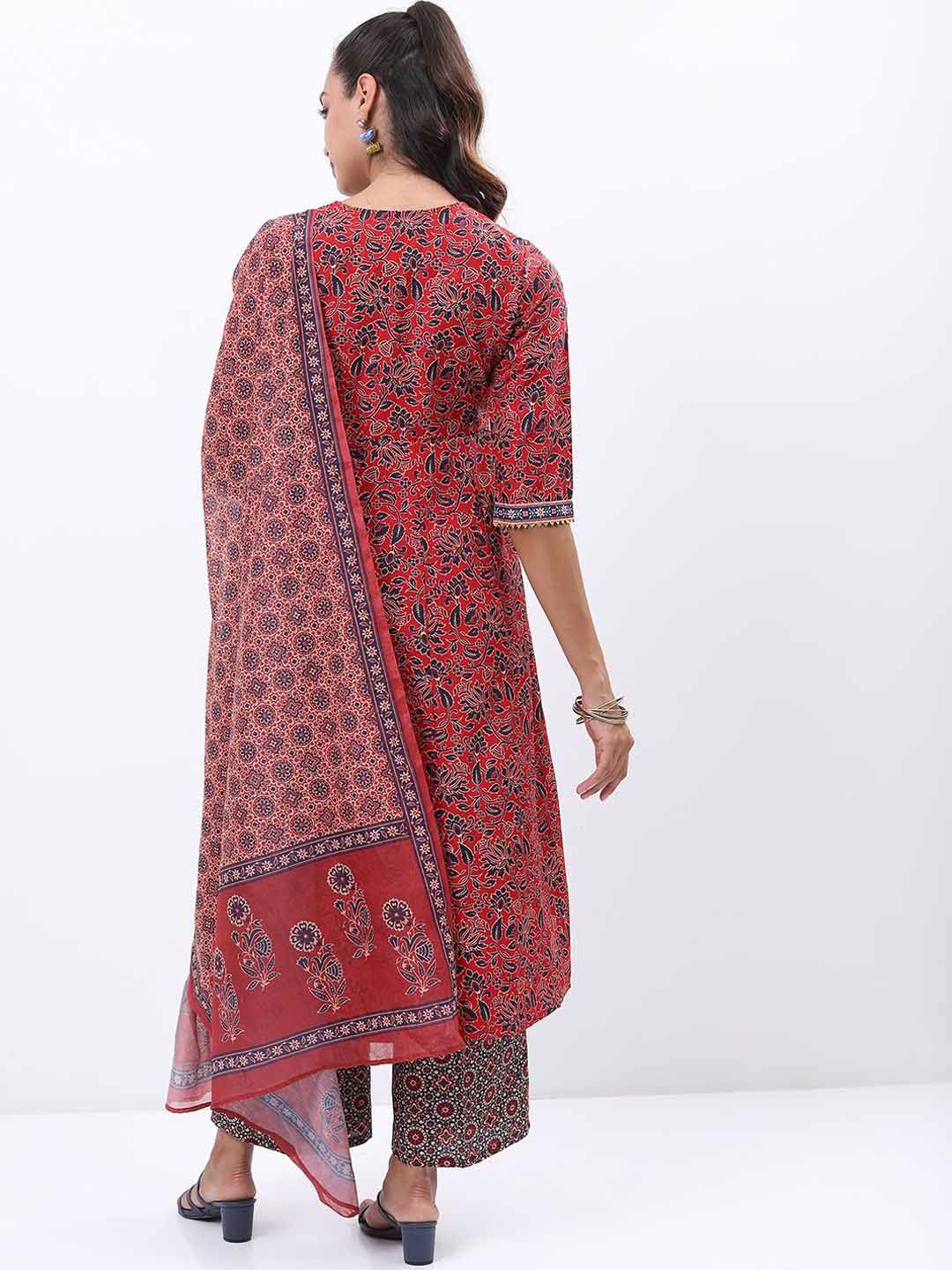 Vishudh Red & Blue Floral Printed Angrakha Kurta With Palazzos & Dupatta - Distacart