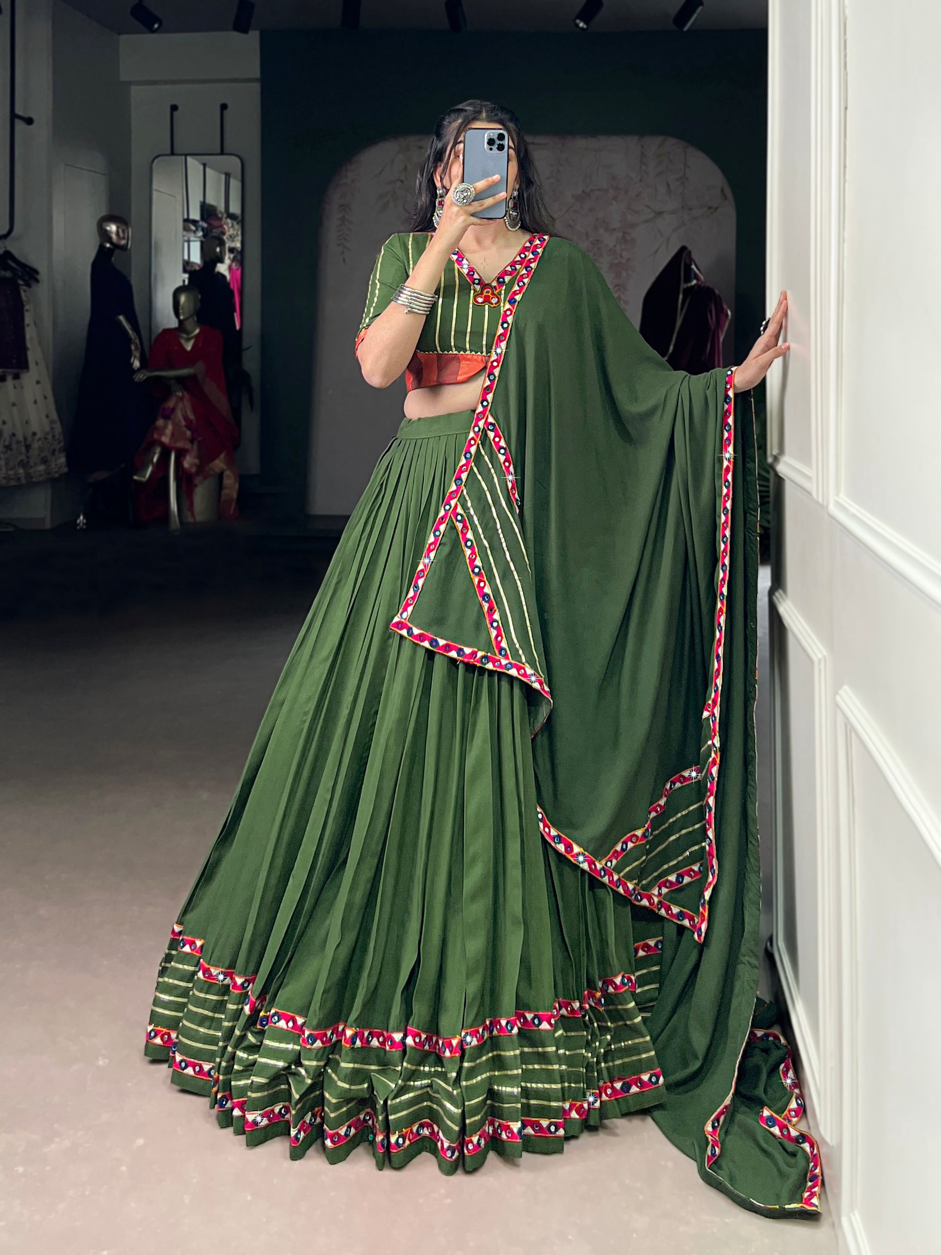 Lorenvalley Fashion Mahendi Pure Rayon Original Mirror Gamthi Work With Gotta Patti Lace Touch Up Lehenga Choli with Dupatta