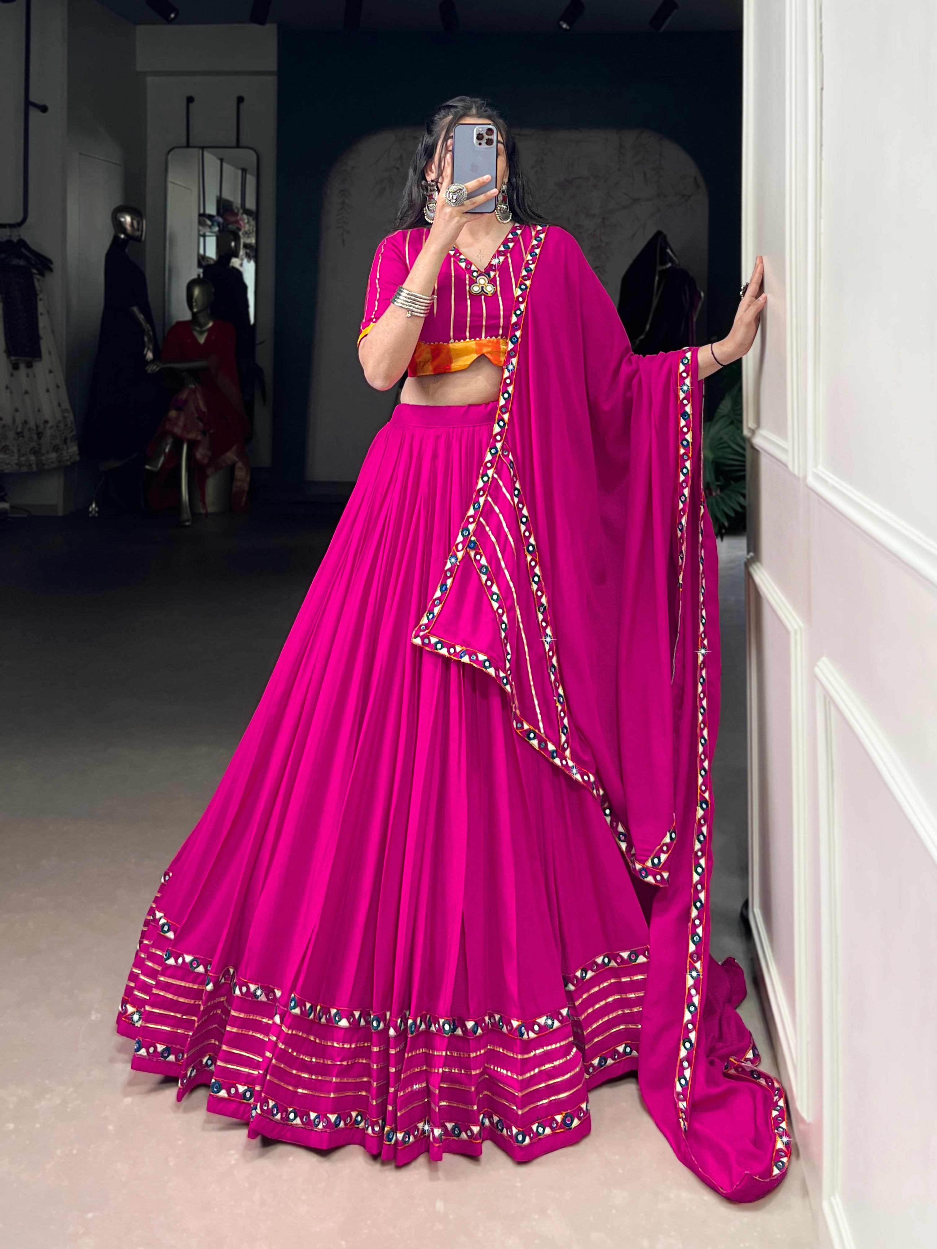 Lorenvalley Fashion Pink Pure Rayon Original Mirror Gamthi Work With Gotta Patti Lace Touch Up Lehenga Choli with Dupatta