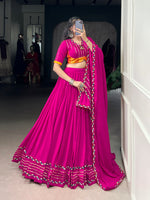 Thumbnail for Lorenvalley Fashion Pink Pure Rayon Original Mirror Gamthi Work With Gotta Patti Lace Touch Up Lehenga Choli with Dupatta