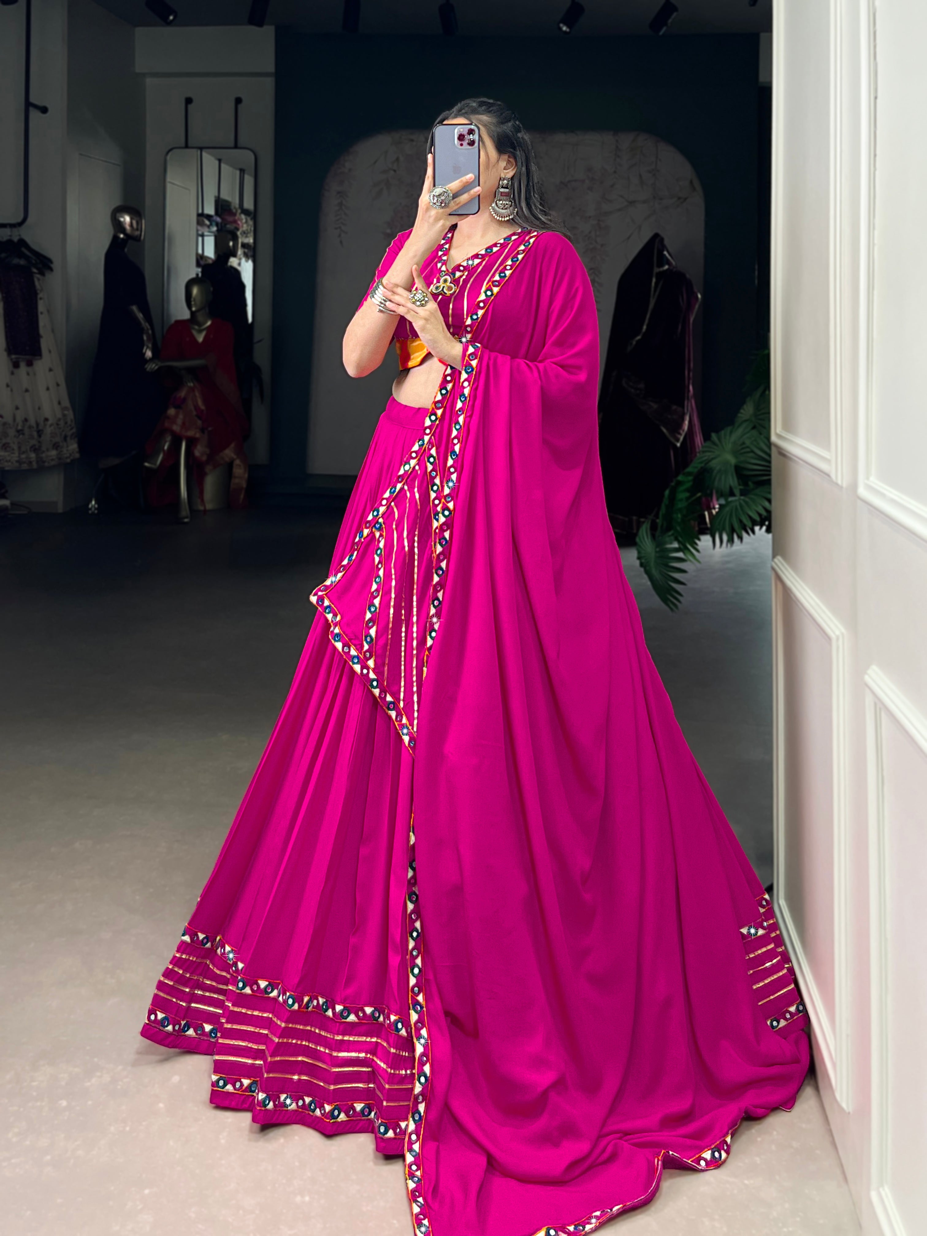 Lorenvalley Fashion Pink Pure Rayon Original Mirror Gamthi Work With Gotta Patti Lace Touch Up Lehenga Choli with Dupatta