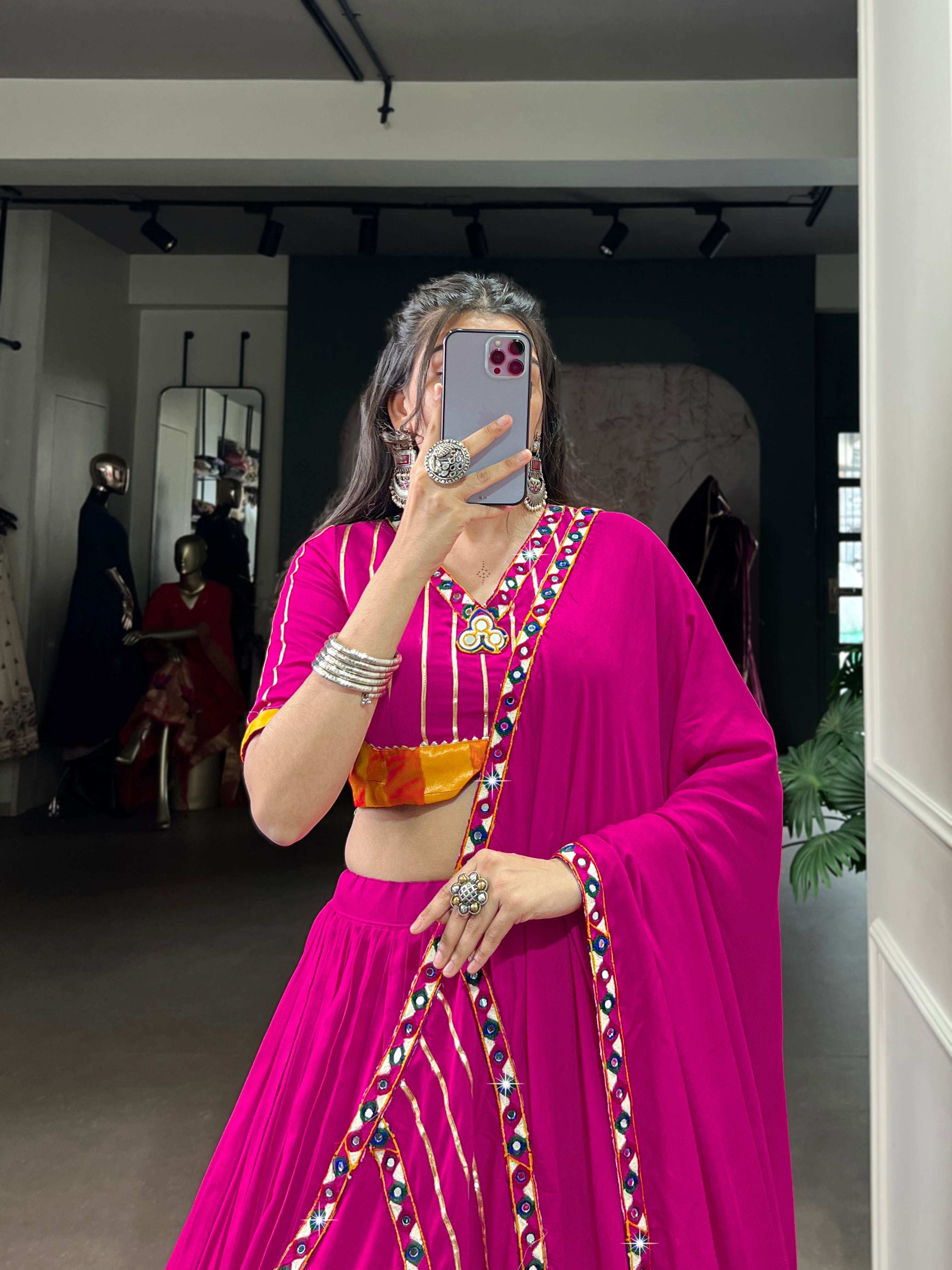 Lorenvalley Fashion Pink Pure Rayon Original Mirror Gamthi Work With Gotta Patti Lace Touch Up Lehenga Choli with Dupatta