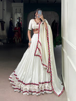 Thumbnail for Lorenvalley Fashion White Pure Rayon Original Mirror Gamthi Work With Gotta Patti Lace Touch Up Lehenga Choli with Dupatta
