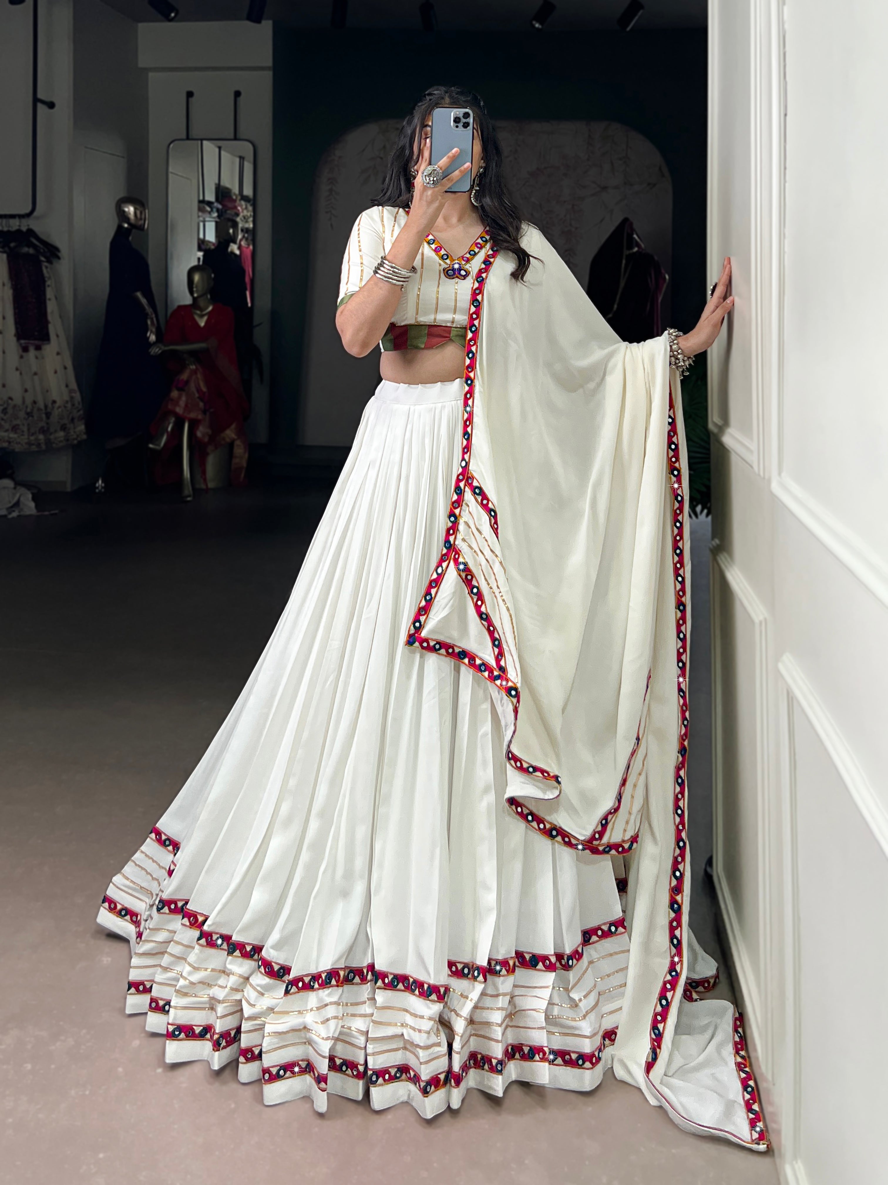Lorenvalley Fashion White Pure Rayon Original Mirror Gamthi Work With Gotta Patti Lace Touch Up Lehenga Choli with Dupatta