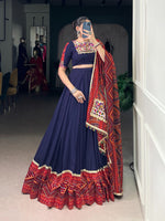 Thumbnail for Lorenvalley Fashion Navyblue Pure Rayon Bandhej Print and Foil Work with Lace Touch Up Lehenga Choli with Dupatta