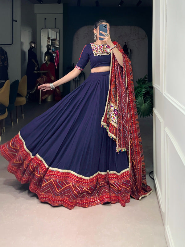 Lorenvalley Fashion Navyblue Pure Rayon Bandhej Print and Foil Work with Lace Touch Up Lehenga Choli with Dupatta